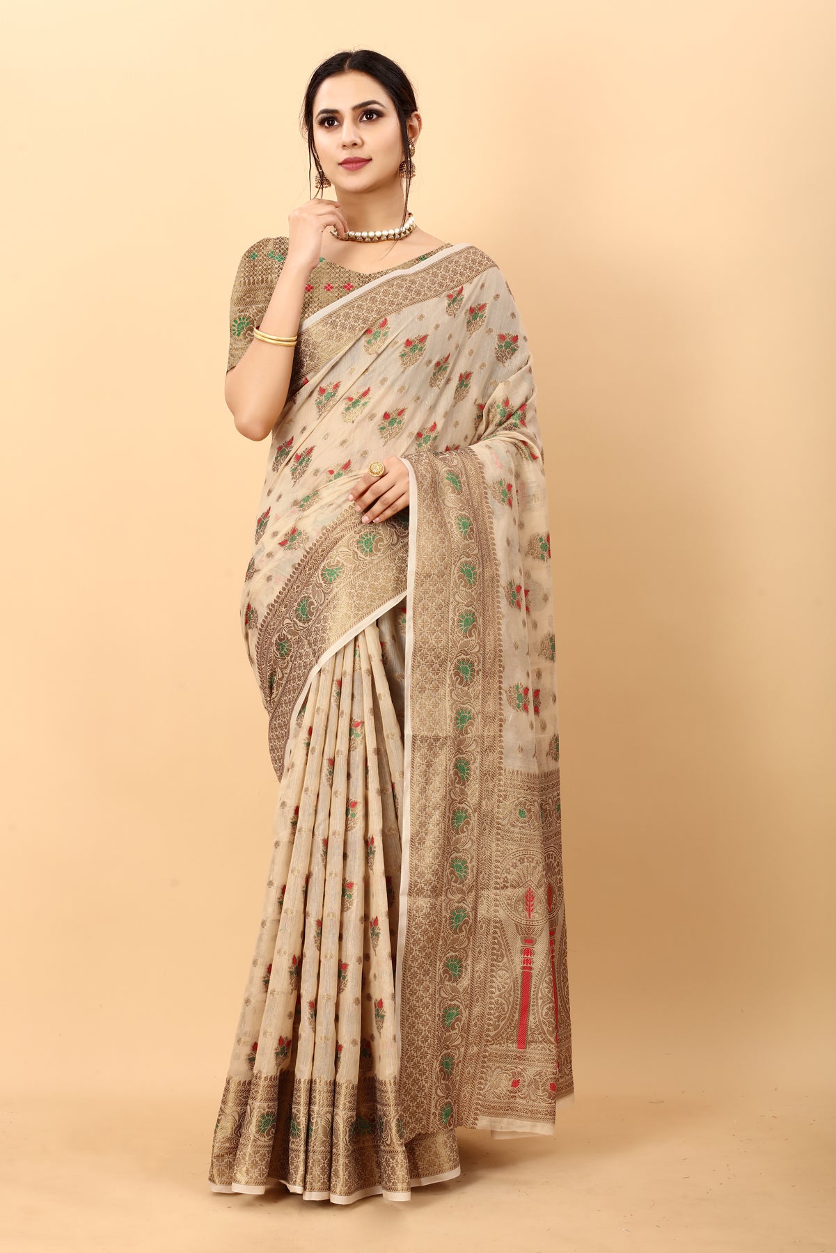 Cream Soft Cotton kanjivarm Silk Saree