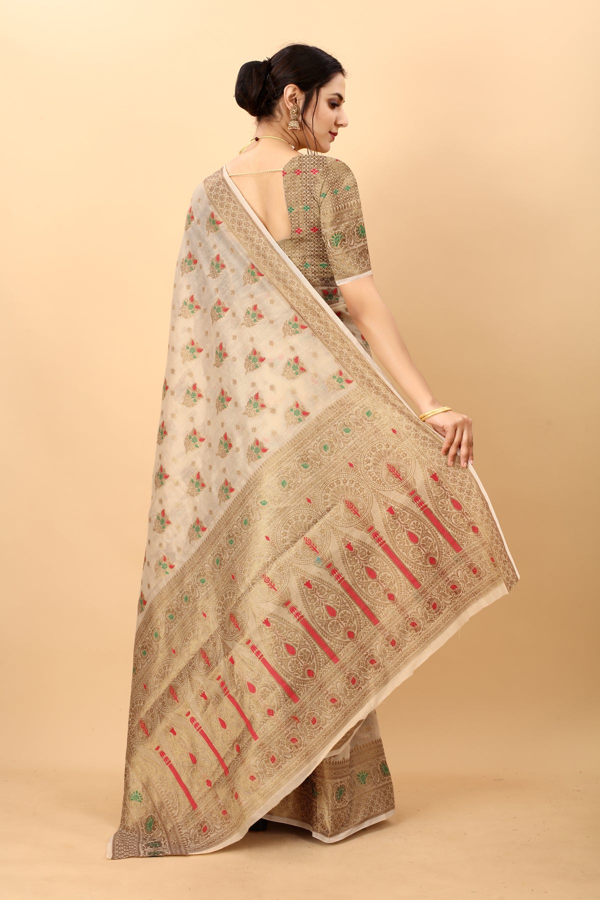 Cream Soft Cotton kanjivarm Silk Saree