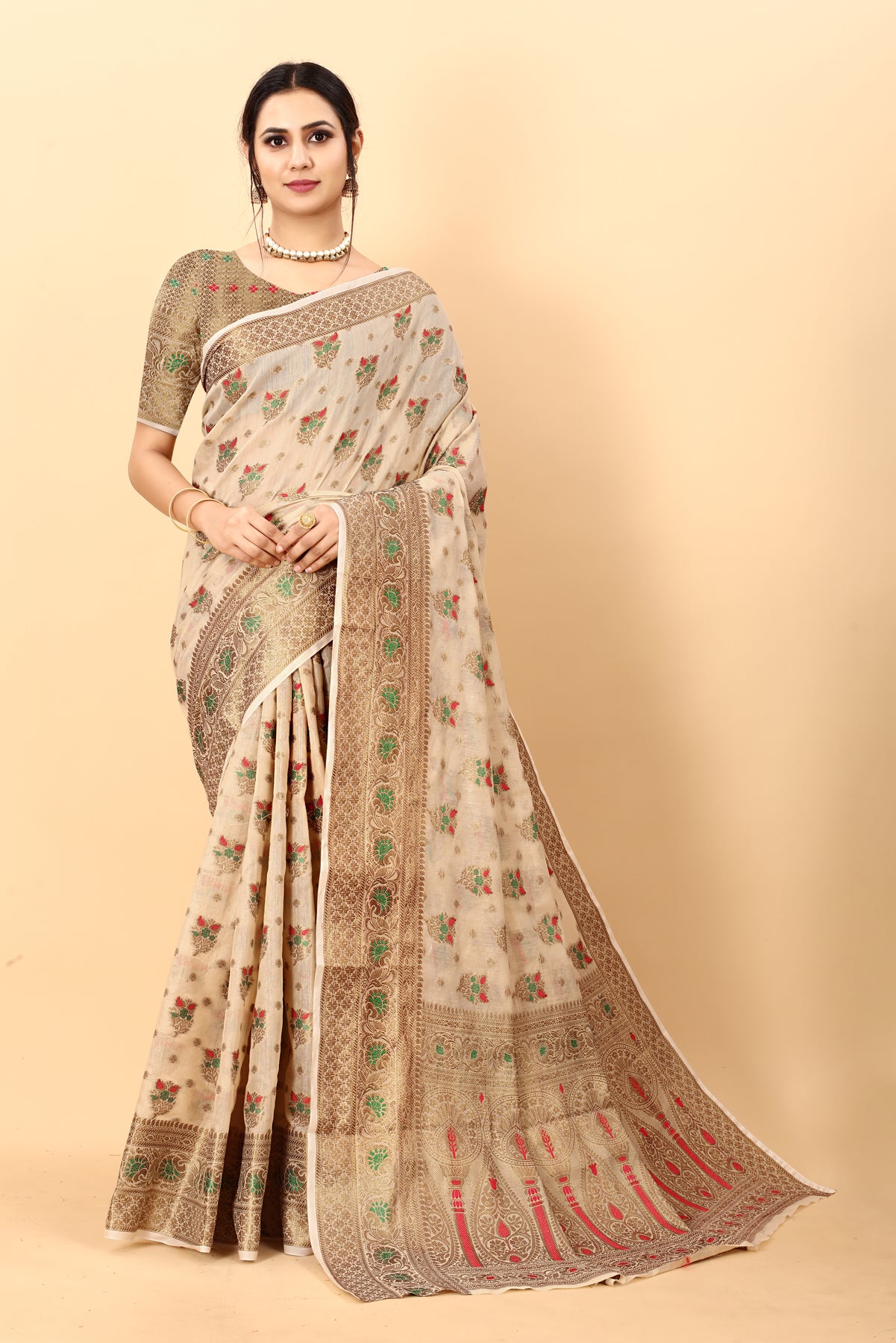 Cream Soft Cotton kanjivarm Silk Saree