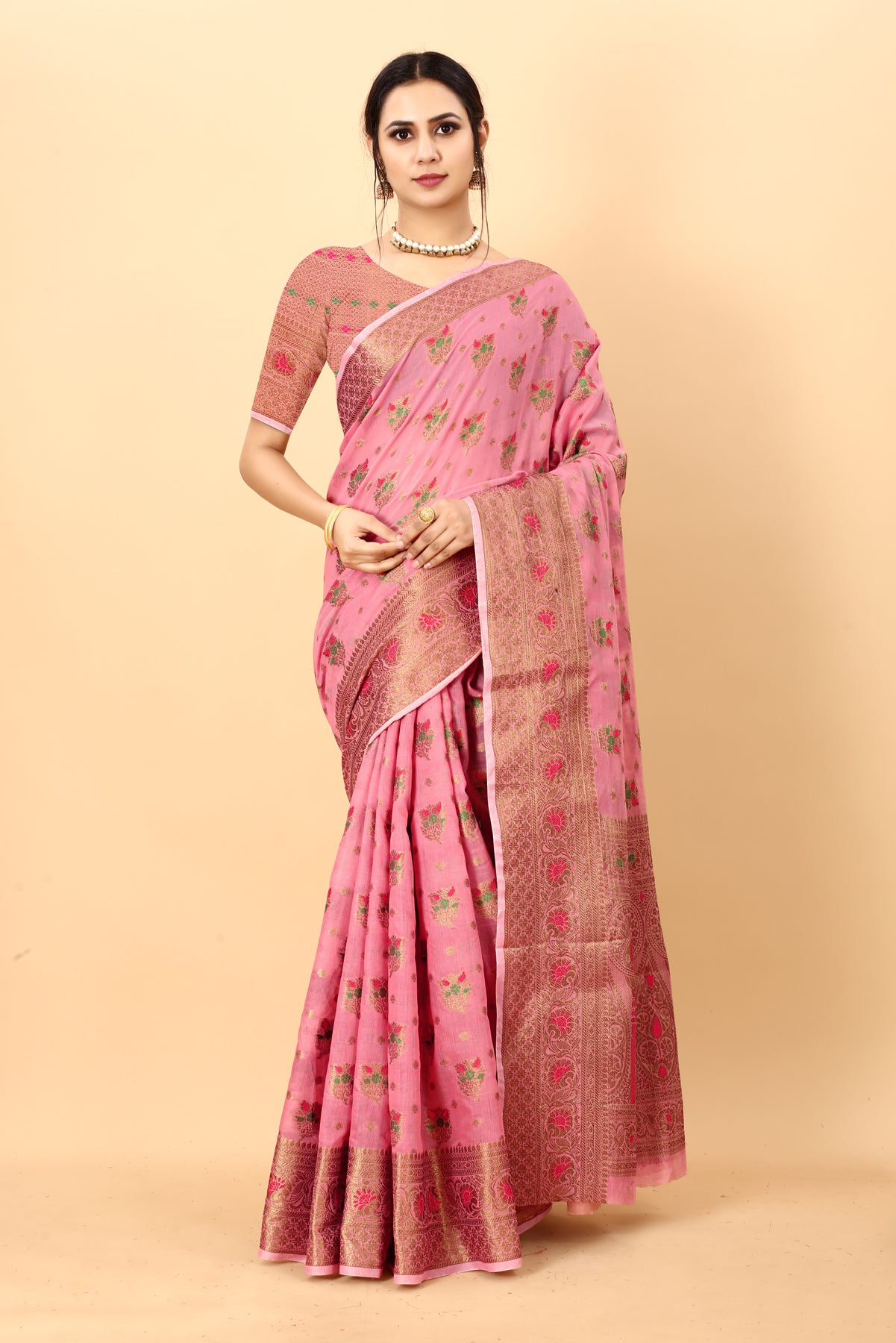 Pink Soft Cotton kanjivarm Silk Saree