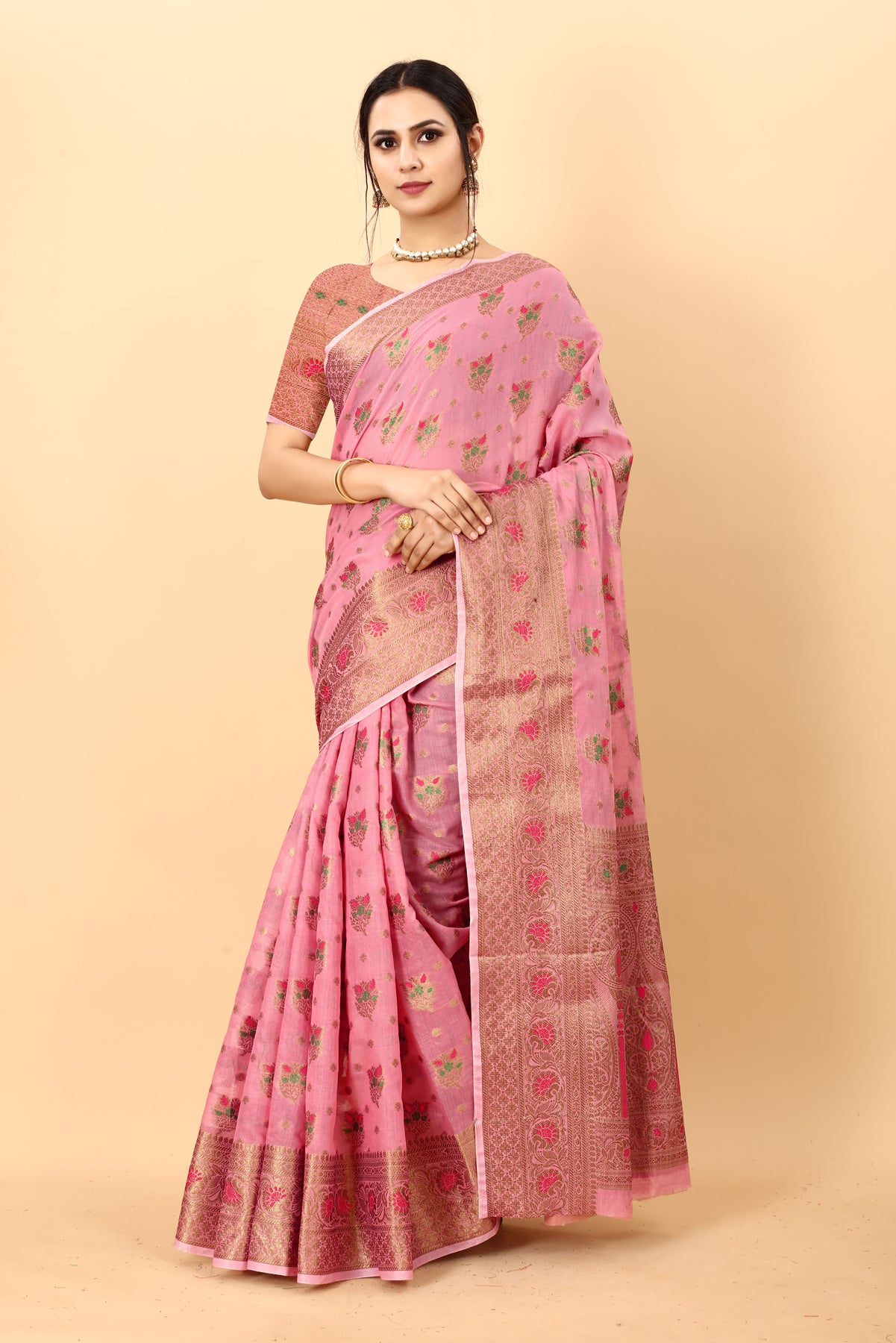 Pink Soft Cotton kanjivarm Silk Saree