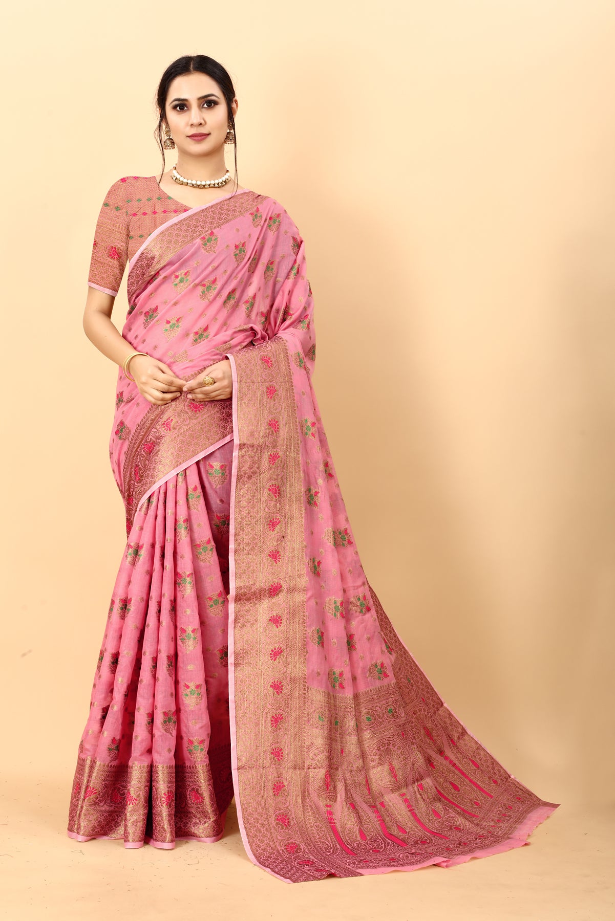 Pink Soft Cotton kanjivarm Silk Saree