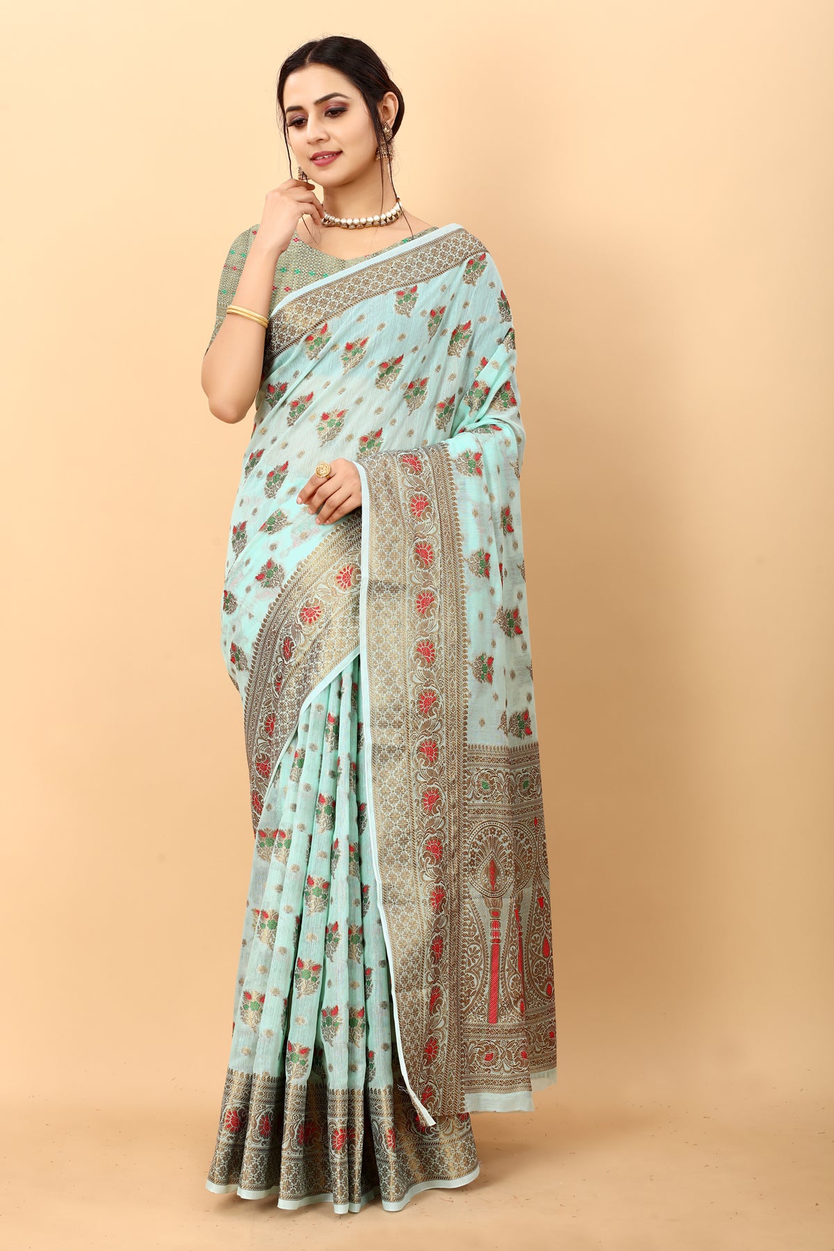 Sky Blue Soft Cotton kanjivarm Silk Saree