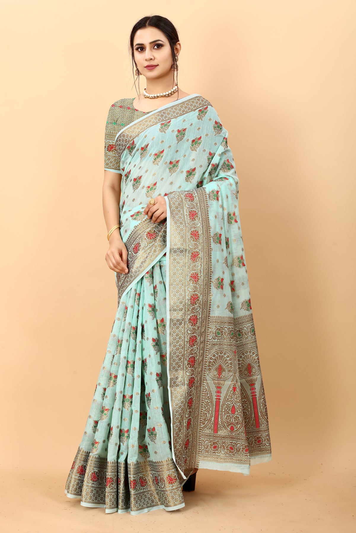 Sky Blue Soft Cotton kanjivarm Silk Saree