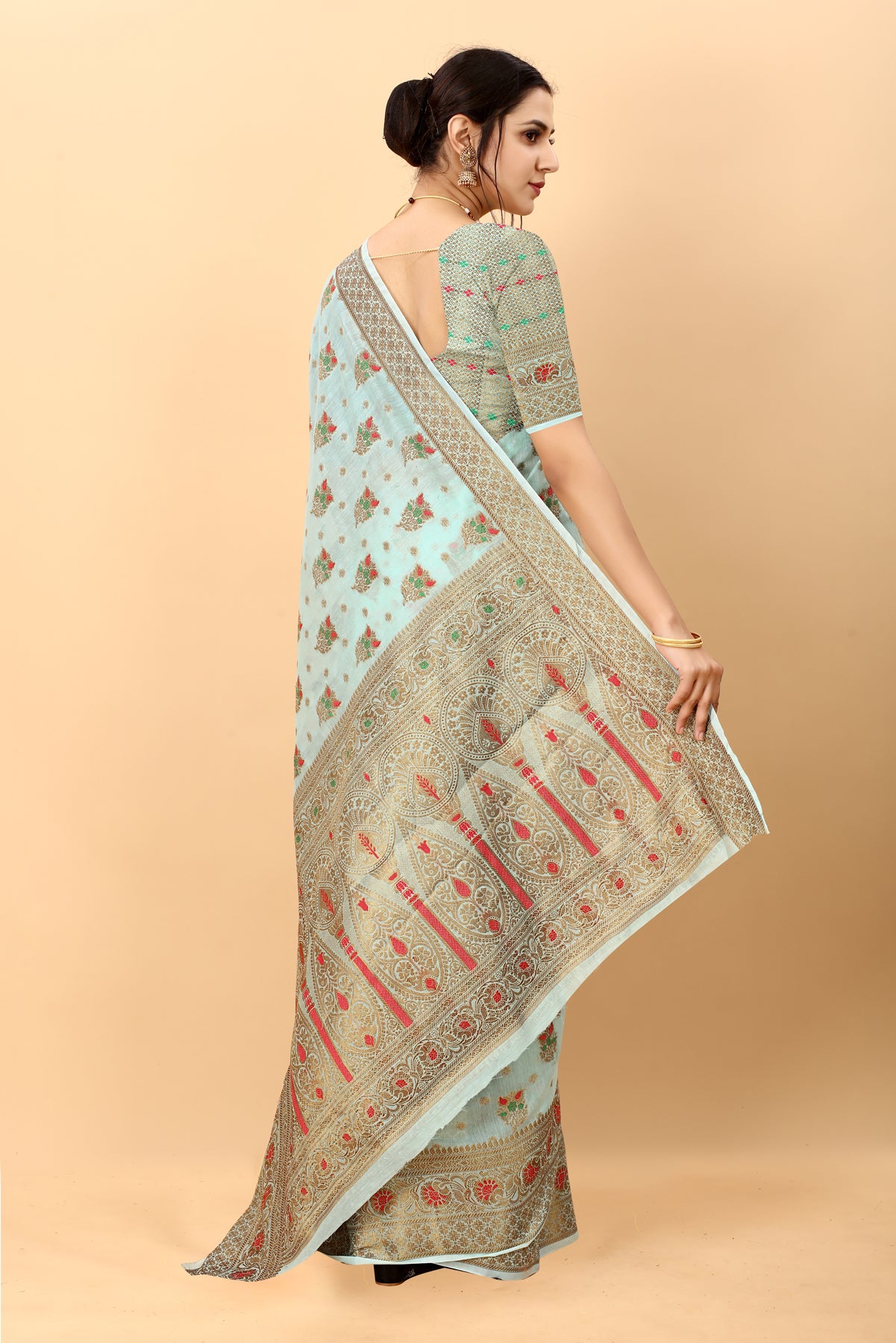 Sky Blue Soft Cotton kanjivarm Silk Saree