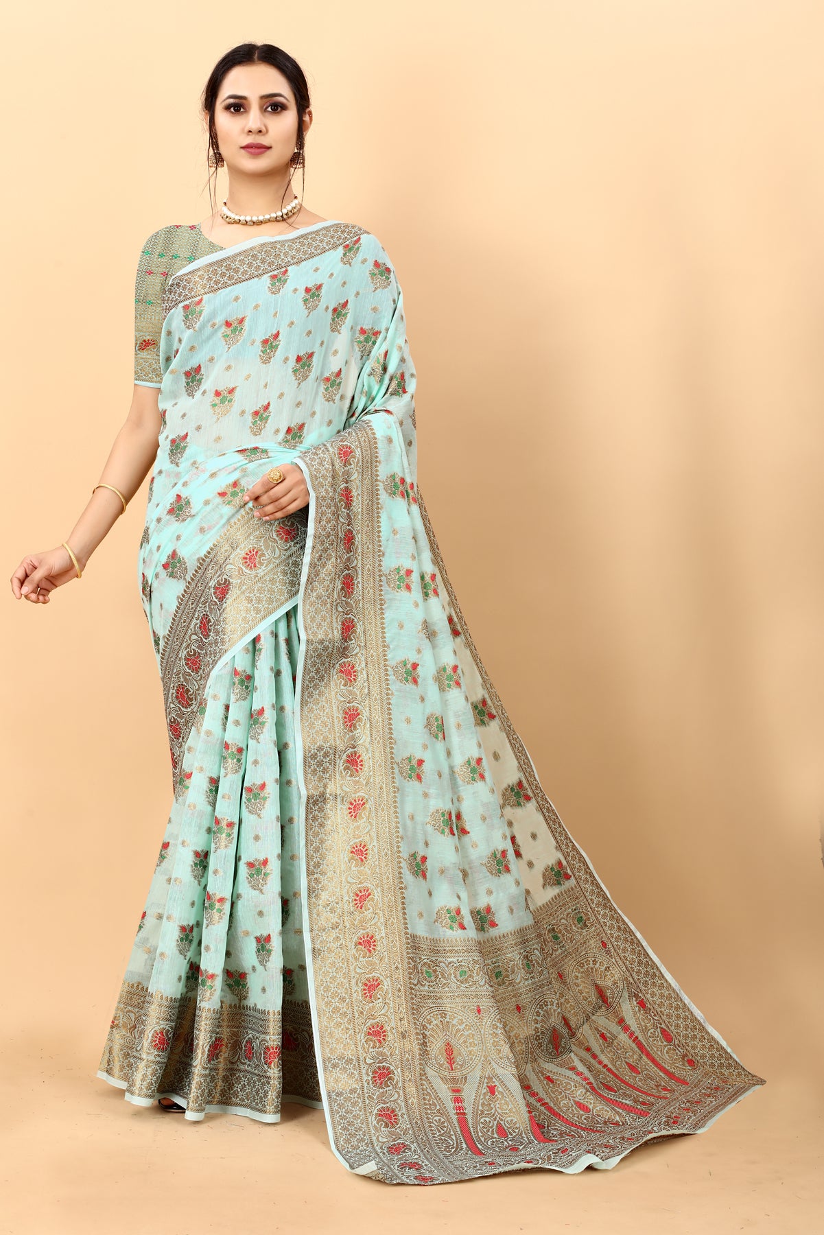 Sky Blue Soft Cotton kanjivarm Silk Saree