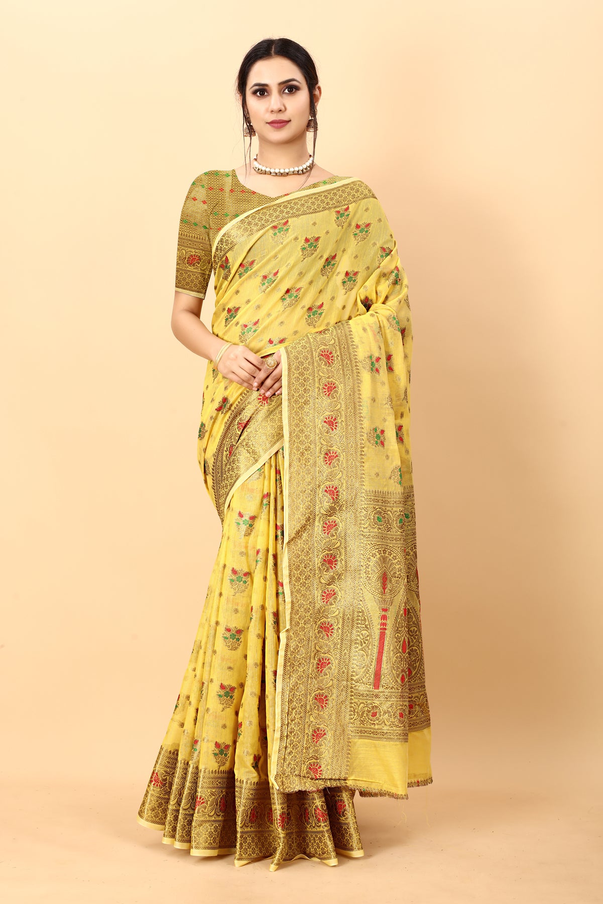 Yellow Soft Cotton Silk  Kanjivaram Saree