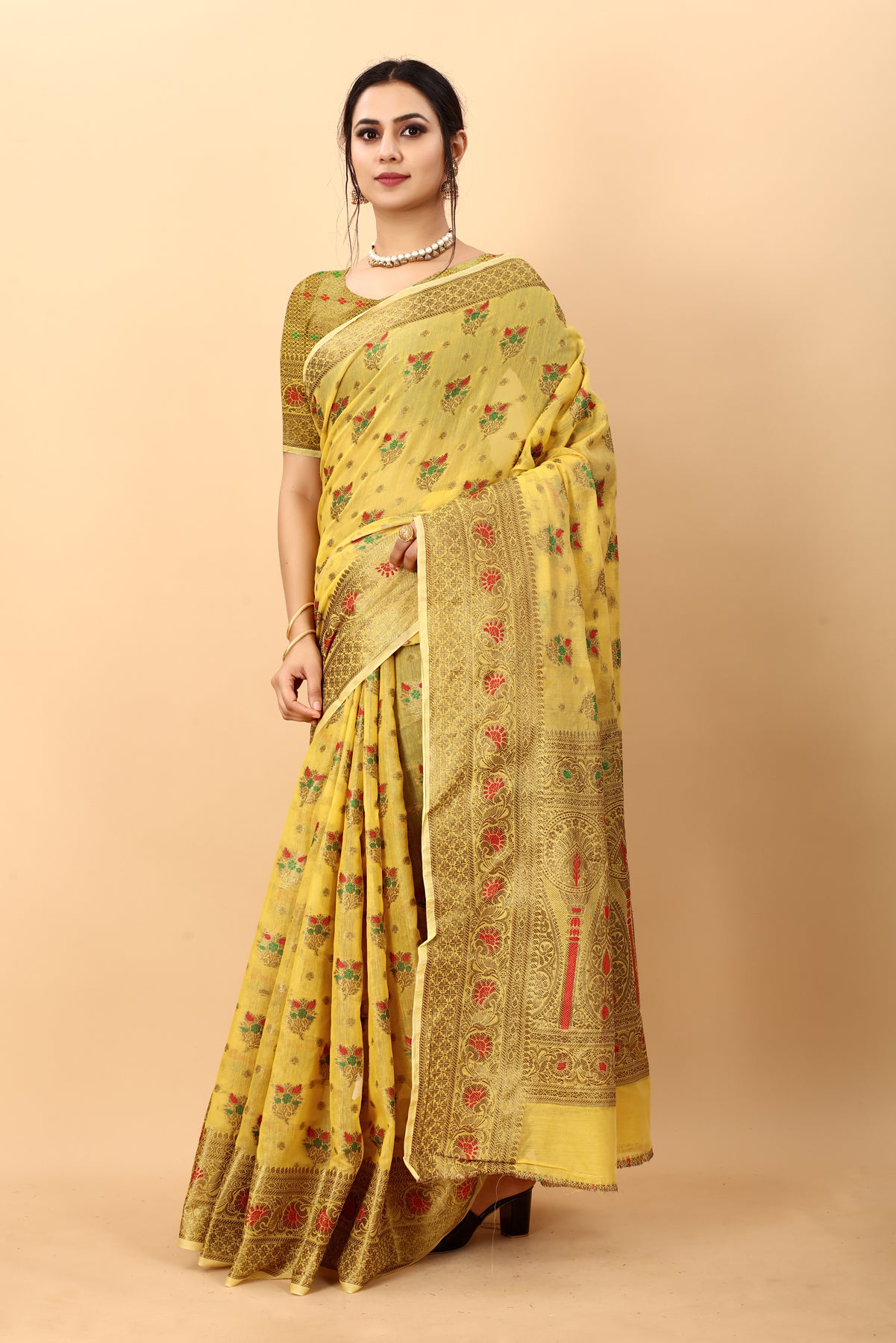 Yellow Soft Cotton Silk  Kanjivaram Saree