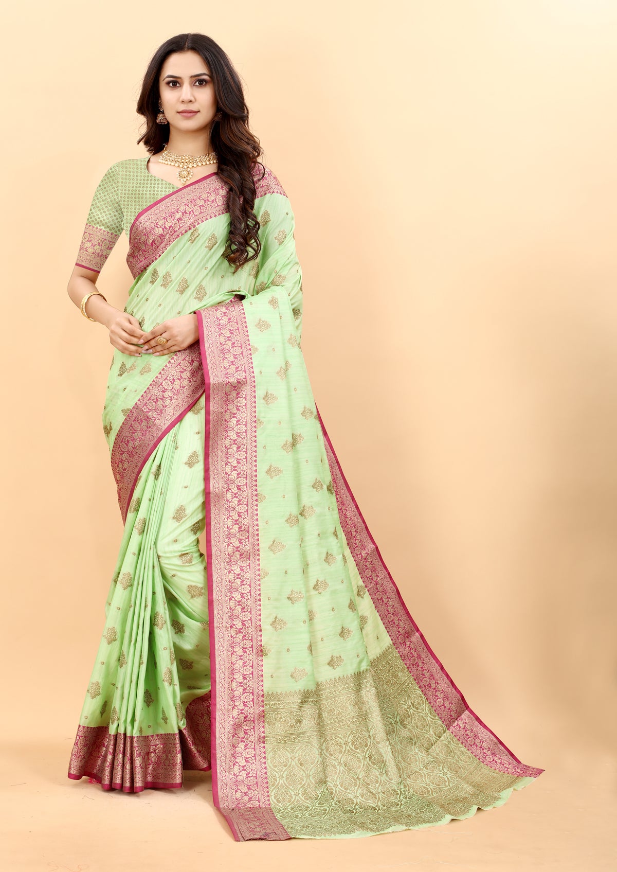 ParootGreen Soft Magic Slub Silk Banarasi Saree