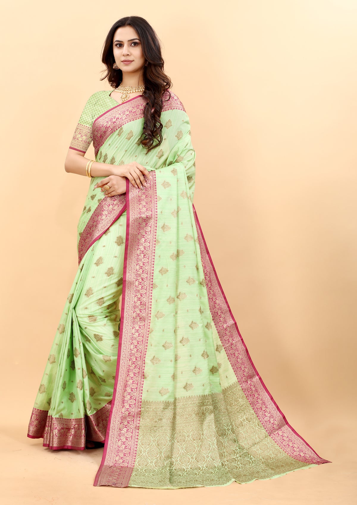 ParootGreen Soft Magic Slub Silk Banarasi Saree