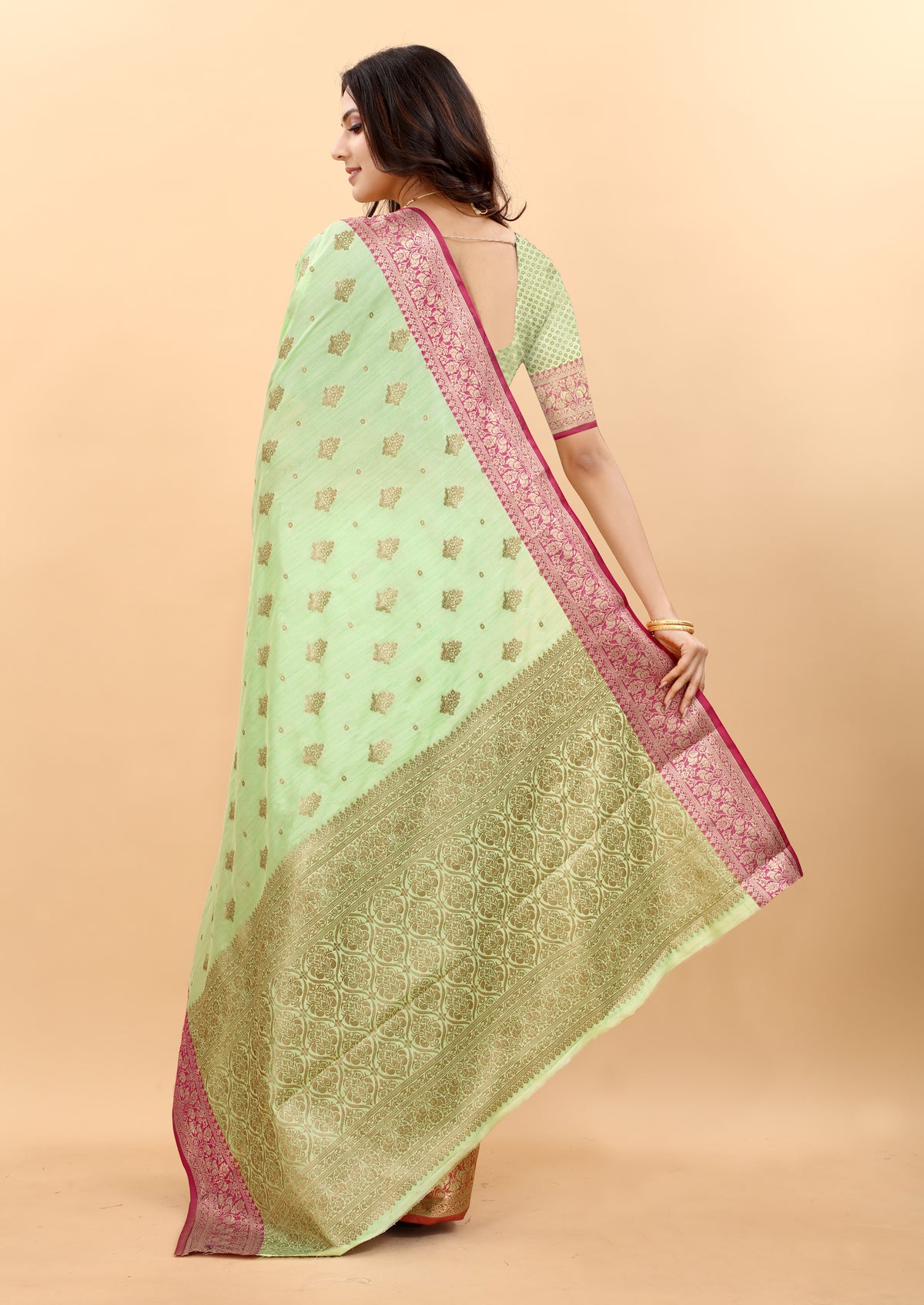 ParootGreen Soft Magic Slub Silk Banarasi Saree