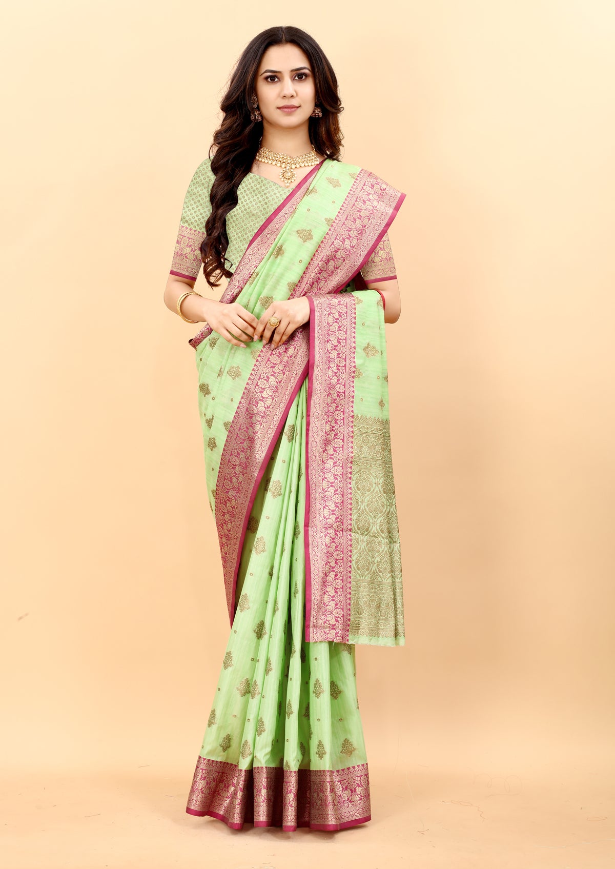 ParootGreen Soft Magic Slub Silk Banarasi Saree