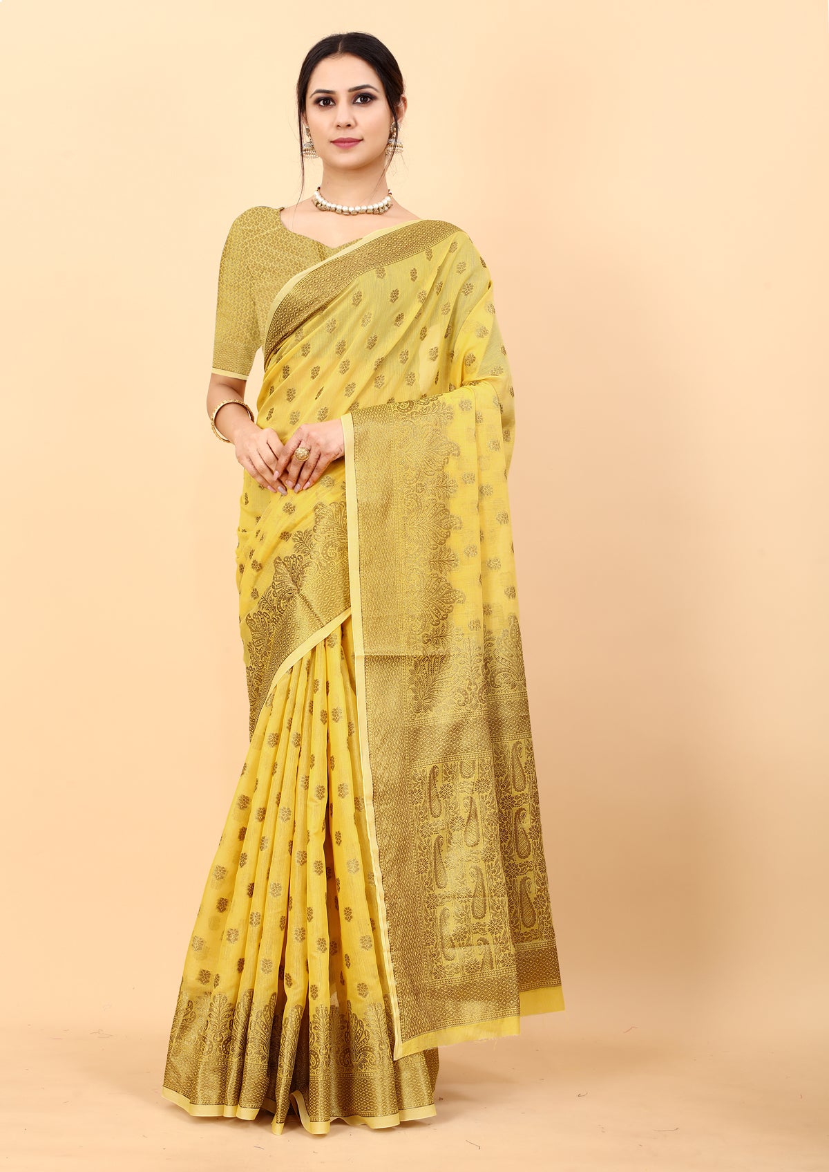 Soft Cotton Kanjivaram Silk Saree Yellow