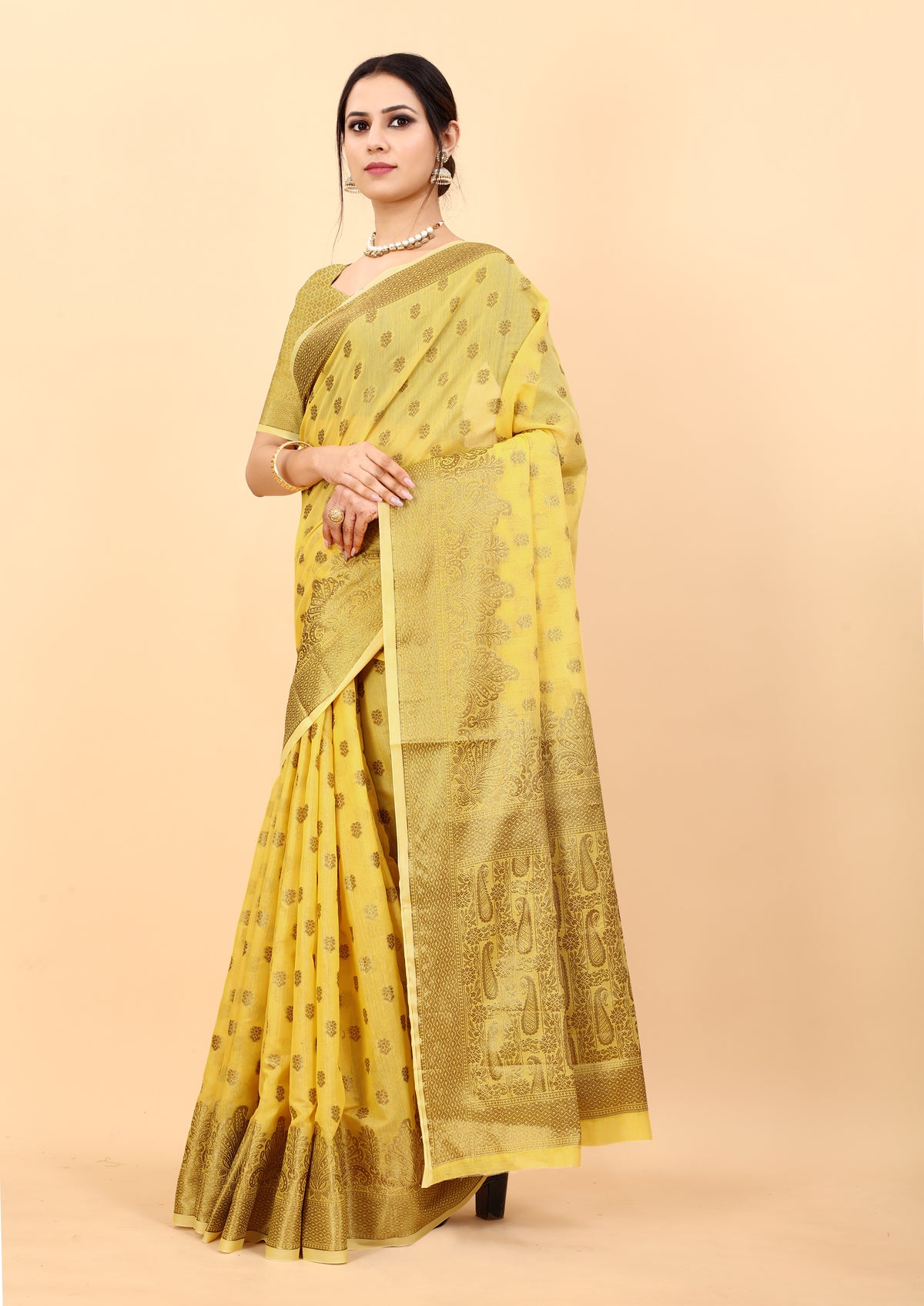 Soft Cotton Kanjivaram Silk Saree Yellow