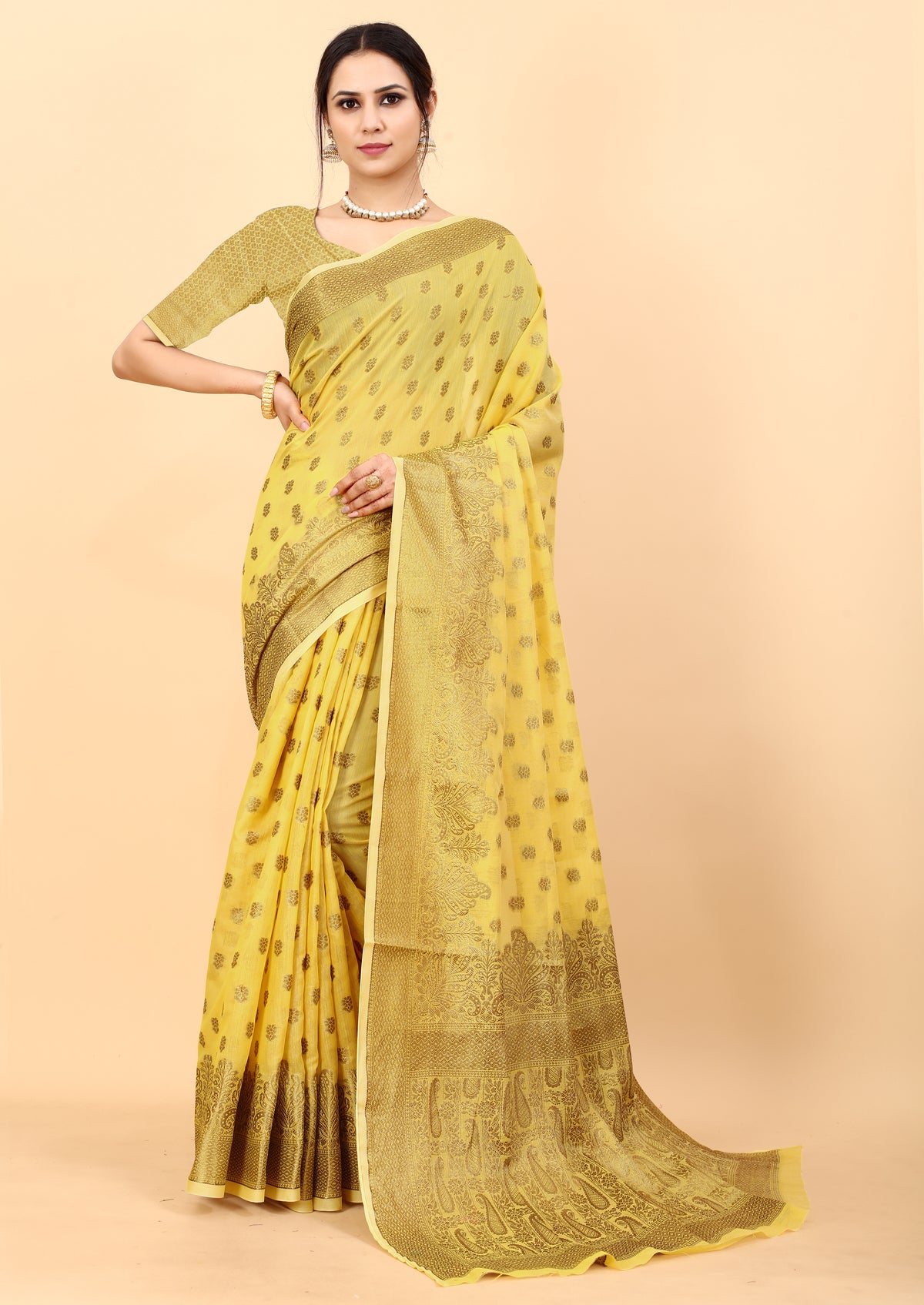 Soft Cotton Kanjivaram Silk Saree Yellow