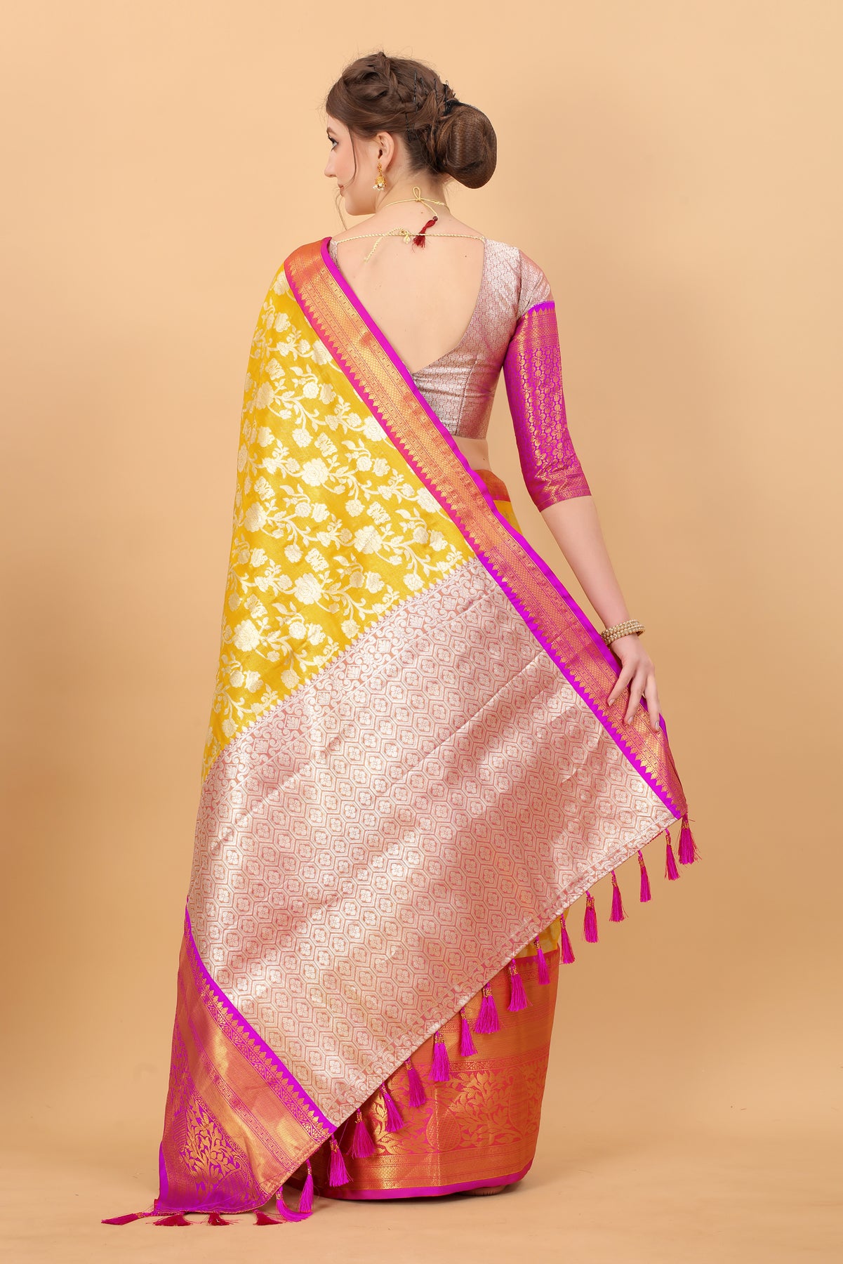 Yellow Soft kanjivaram Silk Saree With Pink Patta Design