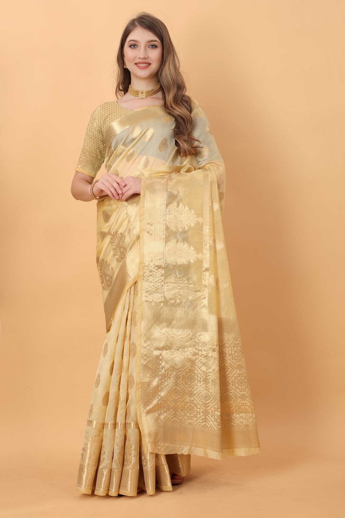 Cream Soft Organza  Silk Banarasi Saree