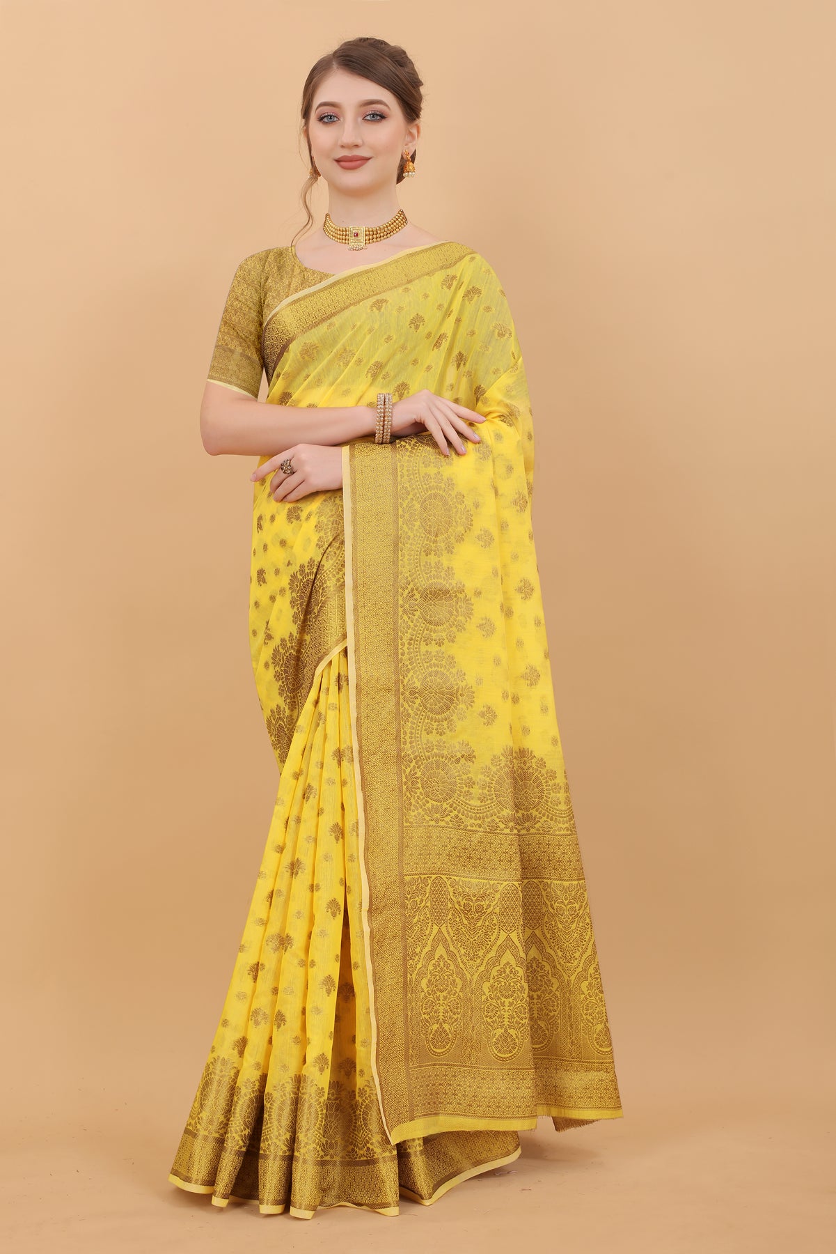 Yellow Soft Cotton Kanjivaram Silk Saree