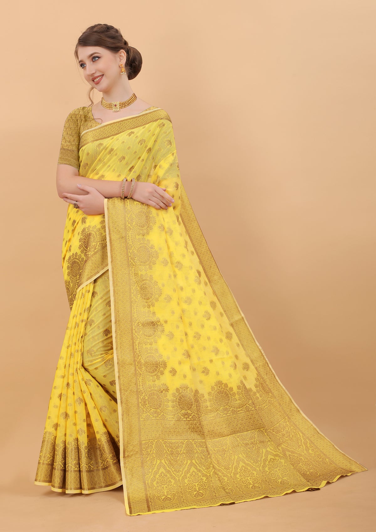 Yellow Soft Cotton Kanjivaram Silk Saree