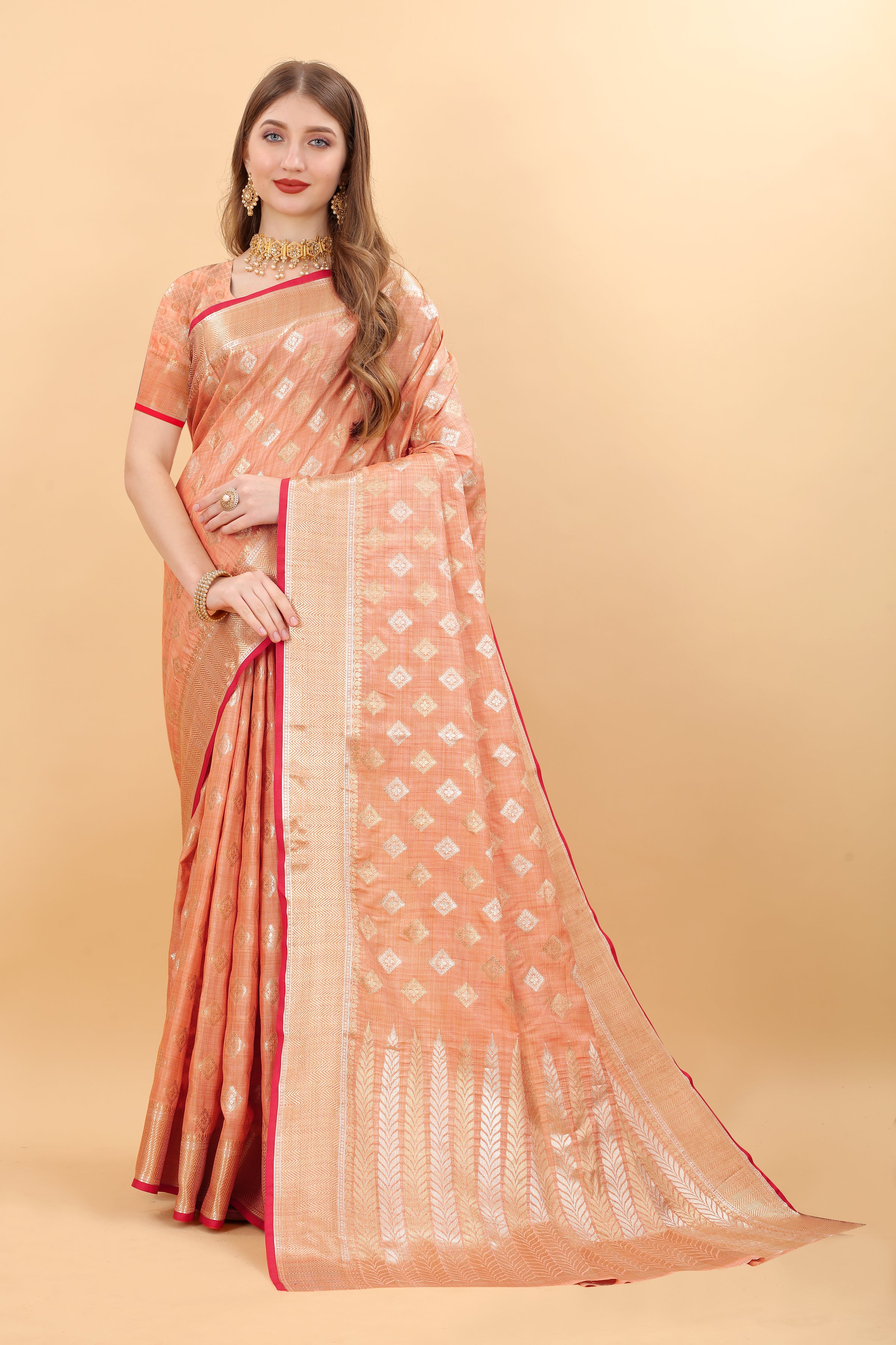 Orange Soft Magic Slub Silk Banarasi Saree