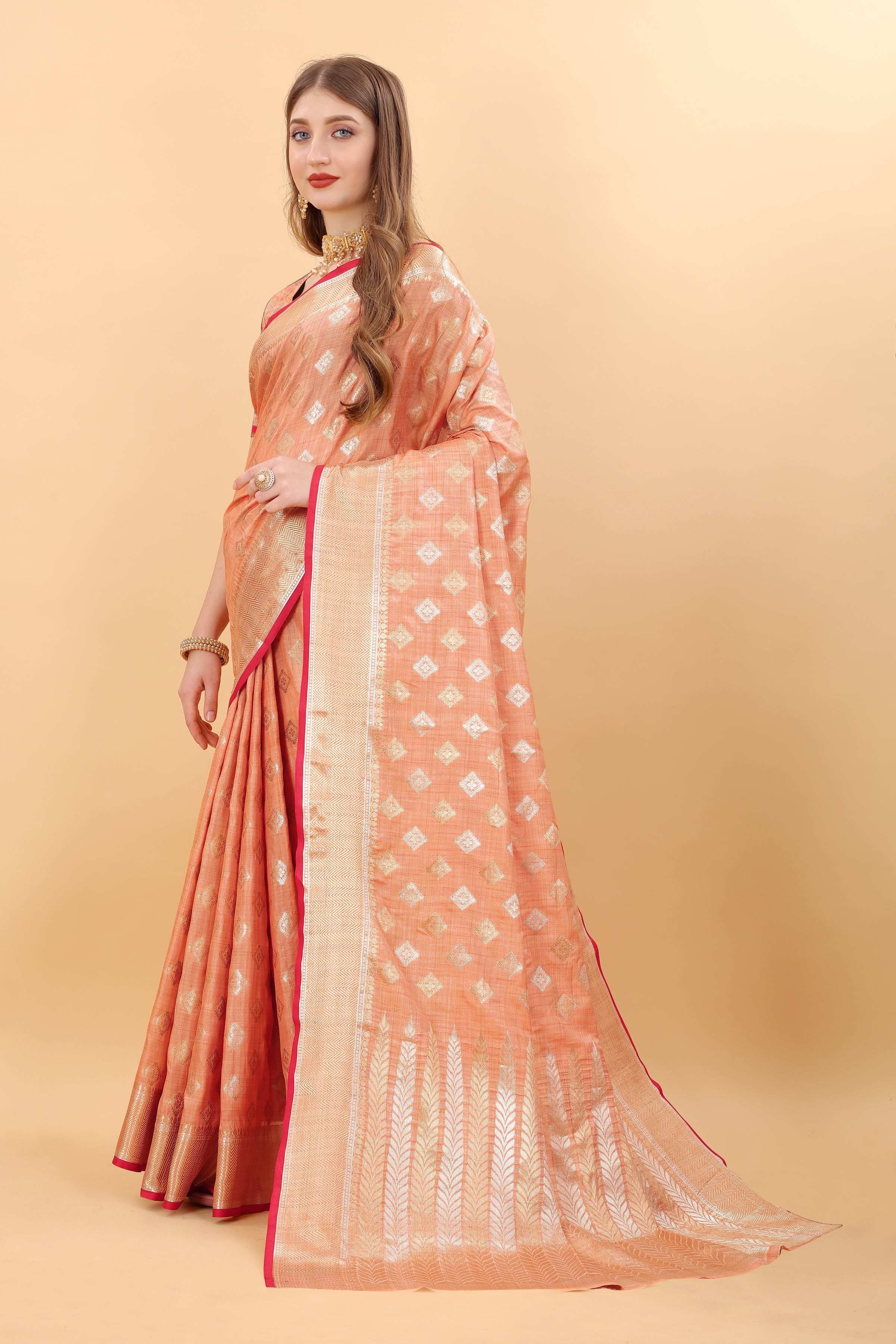 Orange Soft Magic Slub Silk Banarasi Saree