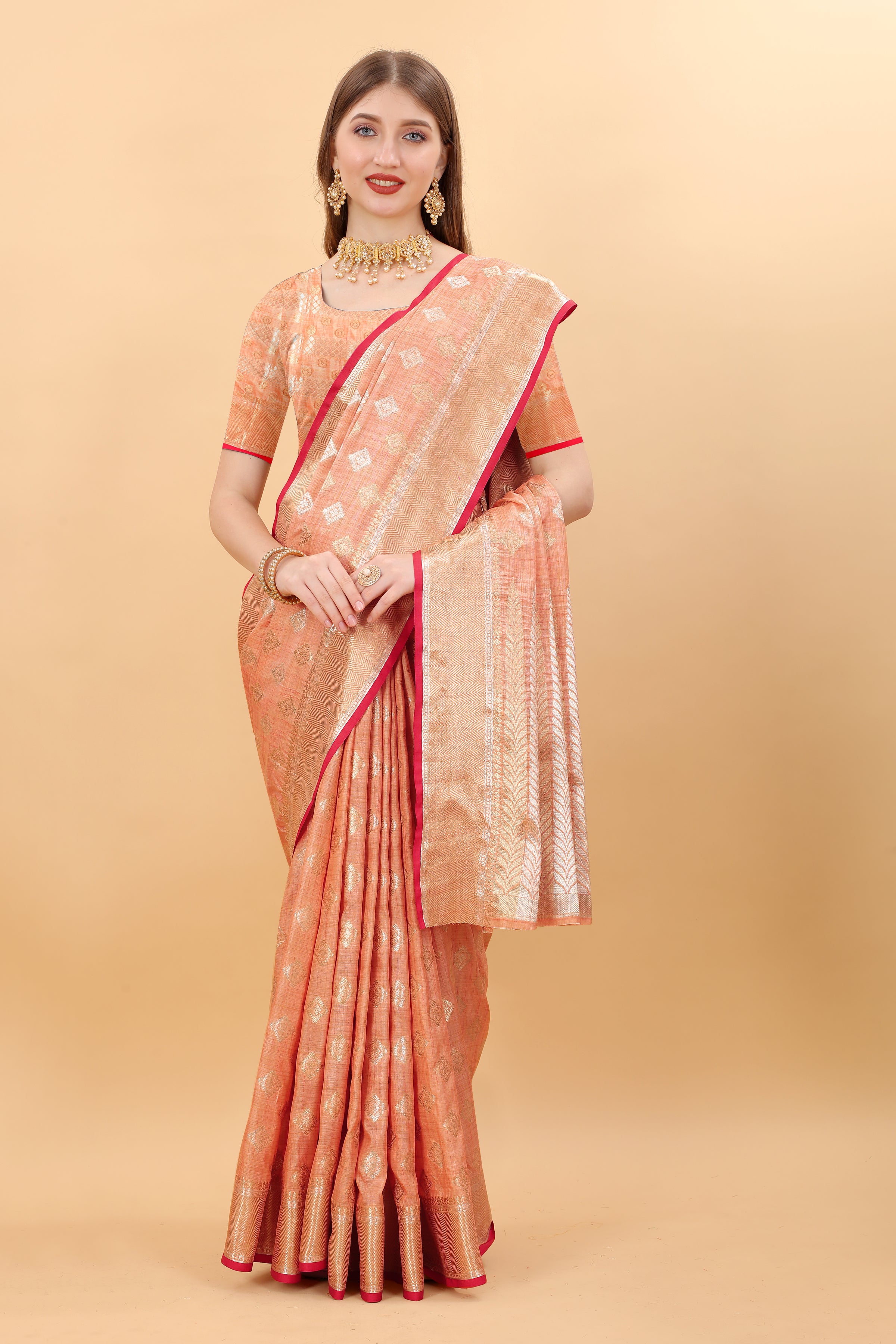 Orange Soft Magic Slub Silk Banarasi Saree