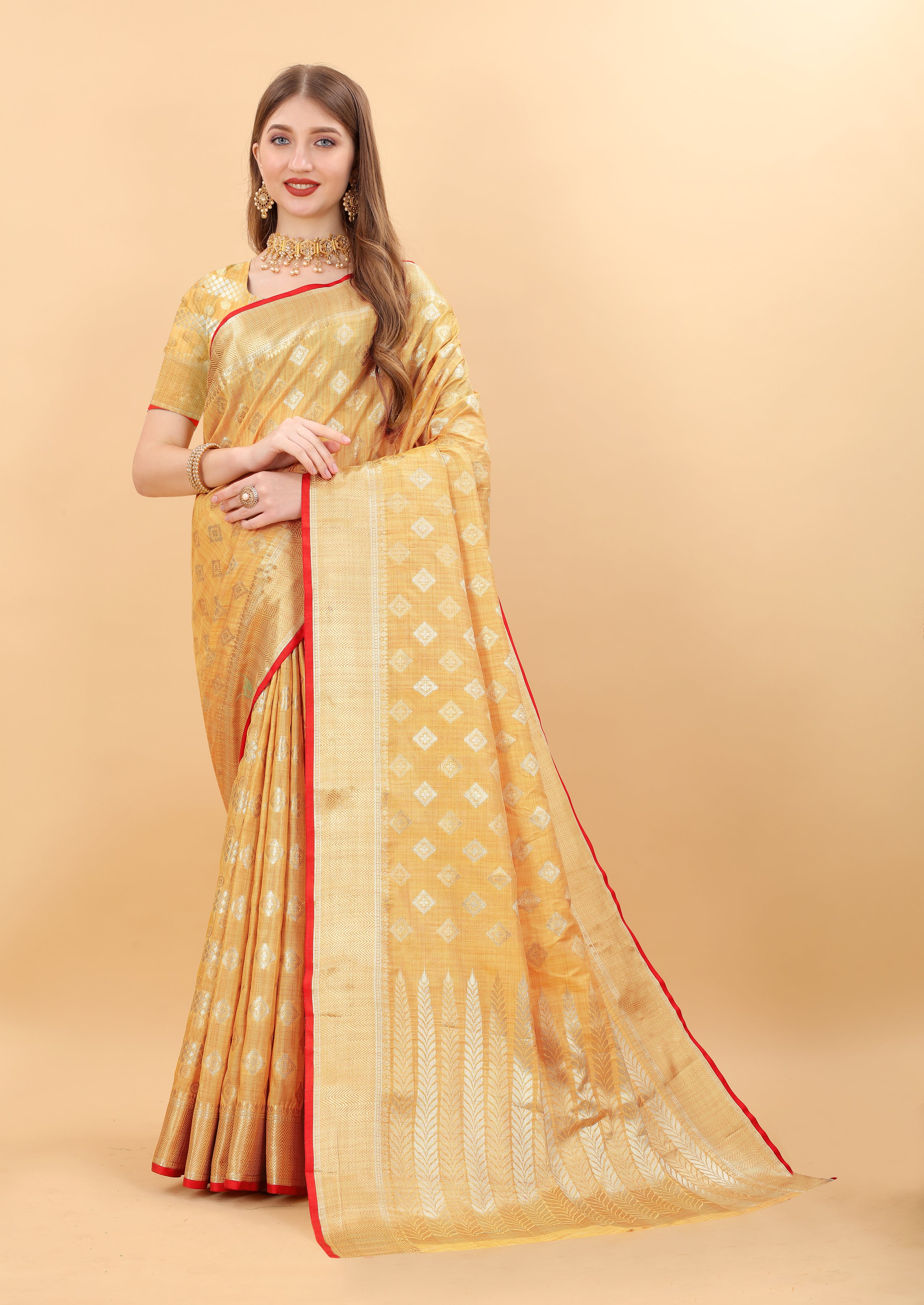 Dark Yellow Soft Magic Slub Silk Banarasi Saree