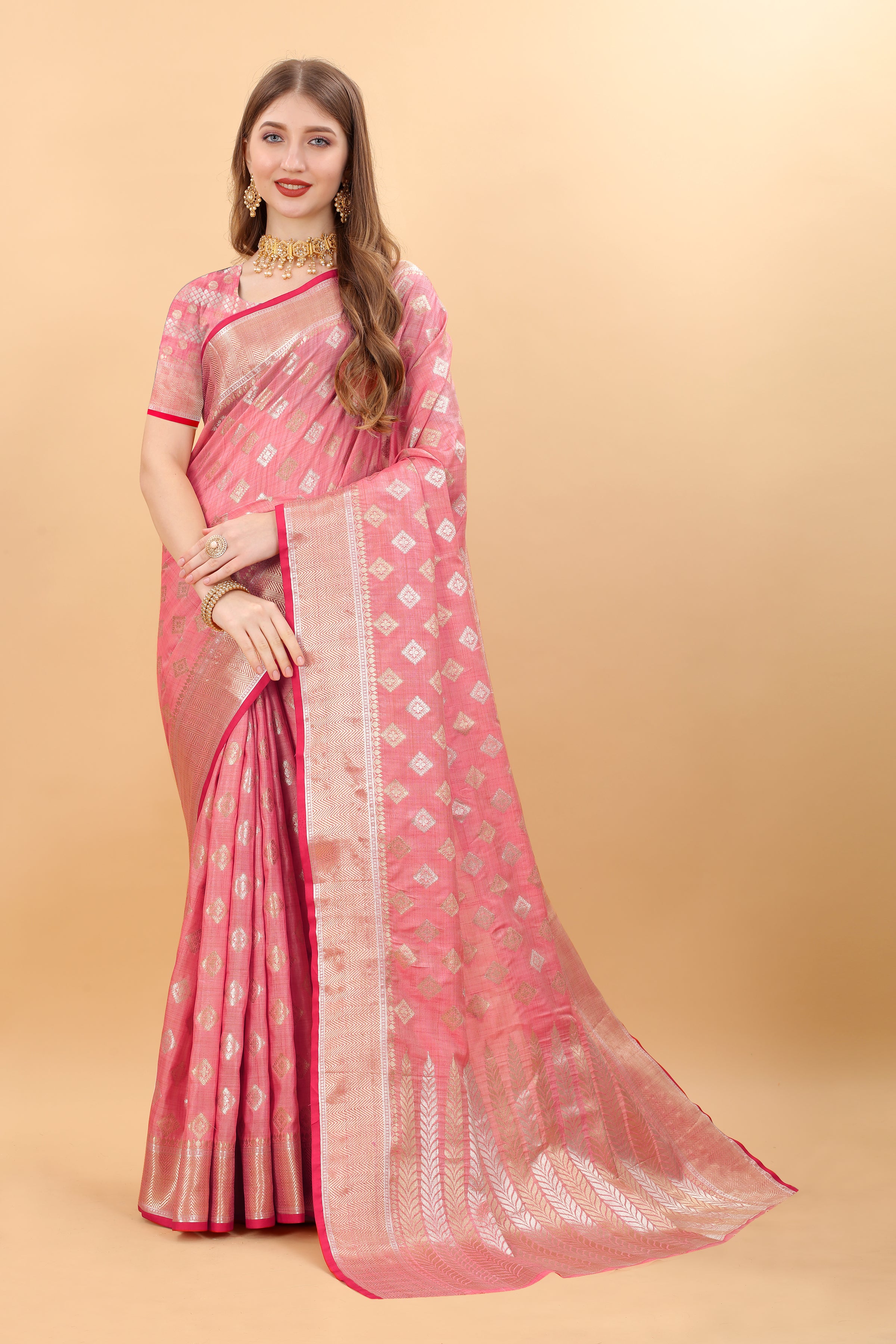 Pink Soft Magic Slub Silk Banarasi Saree