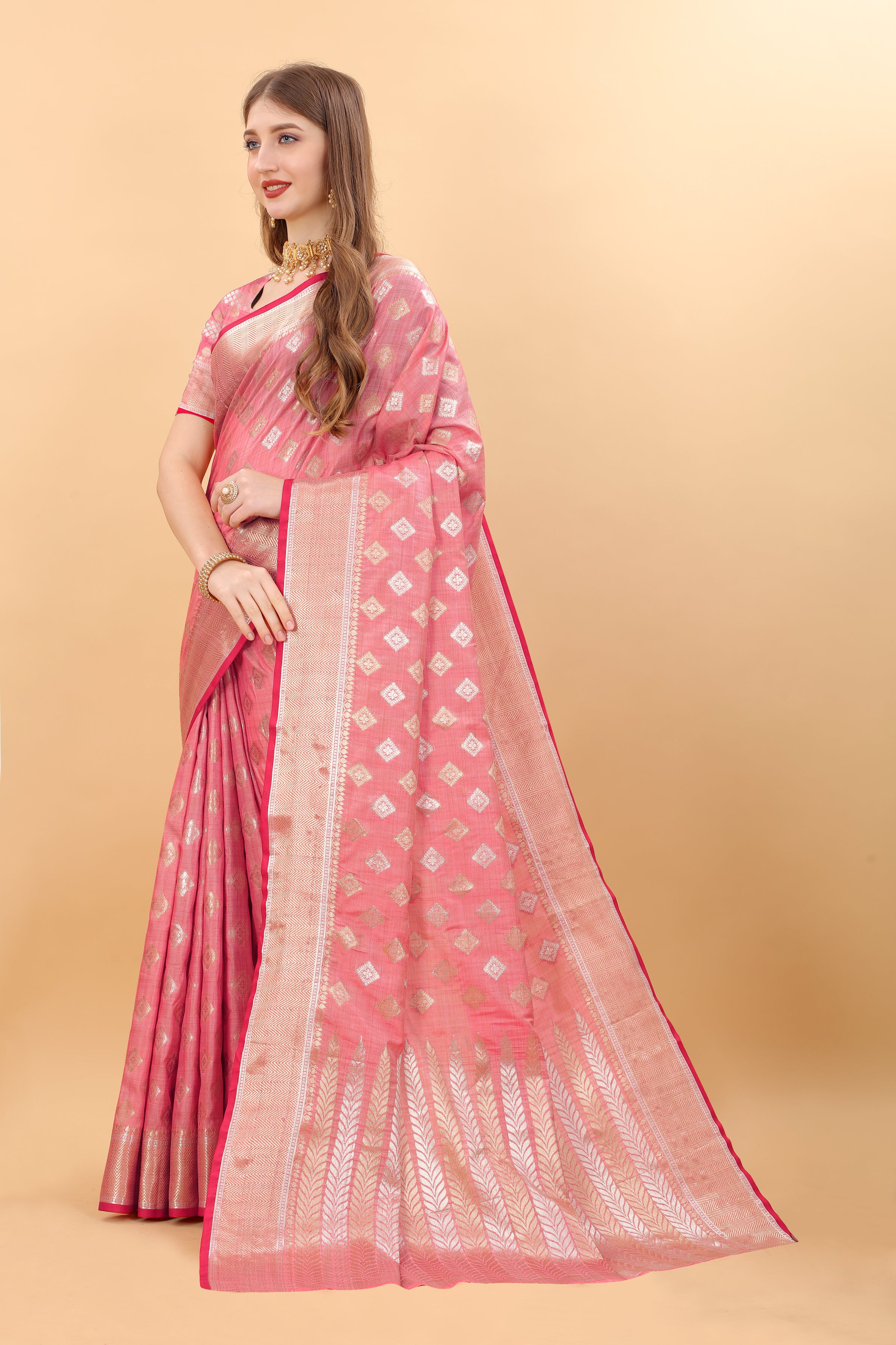 Pink Soft Magic Slub Silk Banarasi Saree