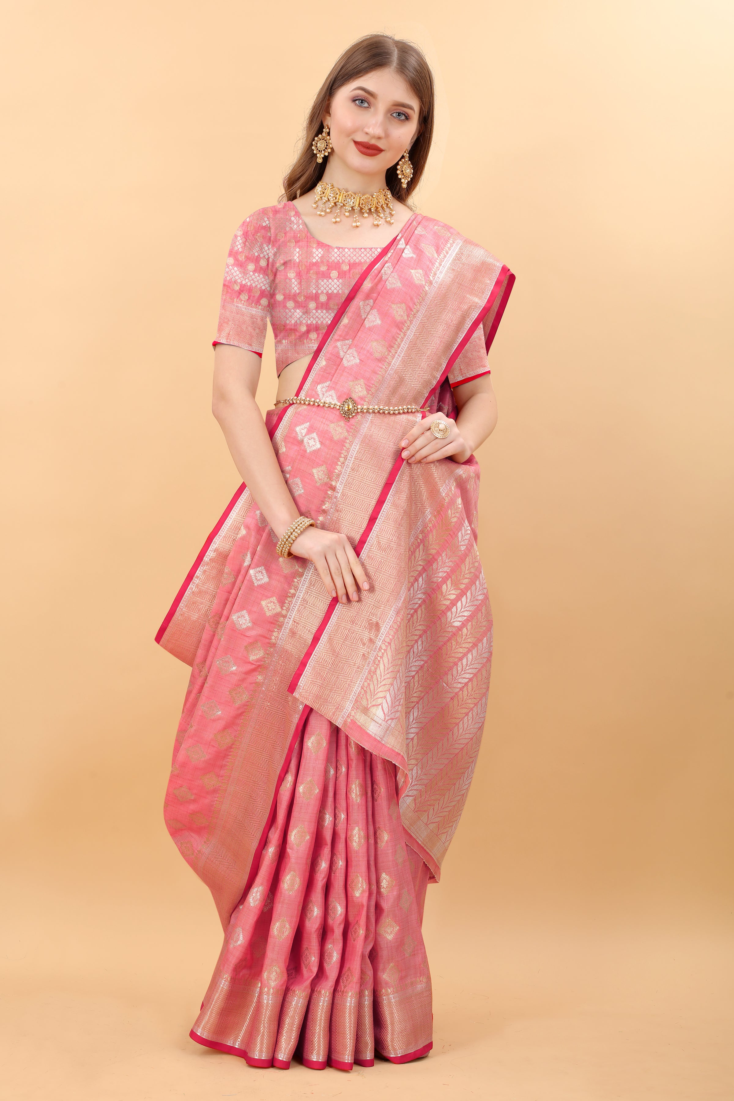 Pink Soft Magic Slub Silk Banarasi Saree