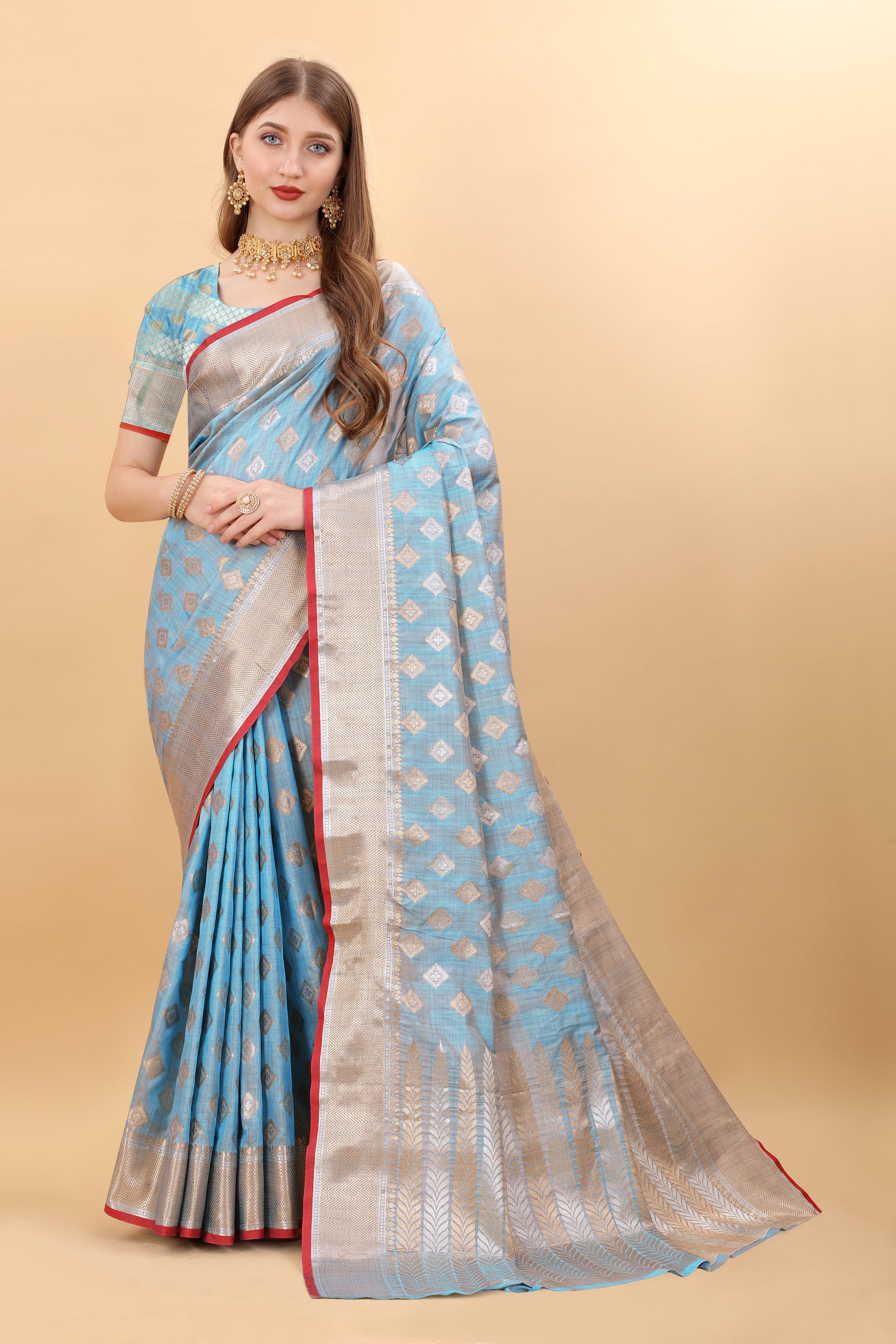 Sky Blue Soft Magic Slub Silk Banarasi Saree