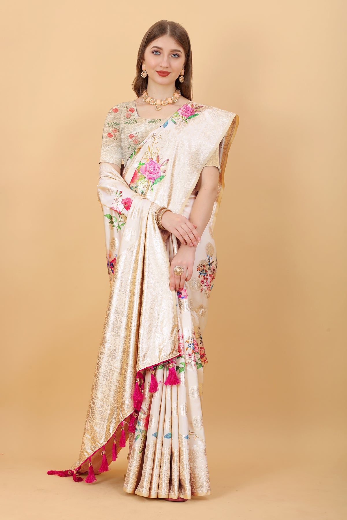 Orange Silk Floral printed Designer Saree