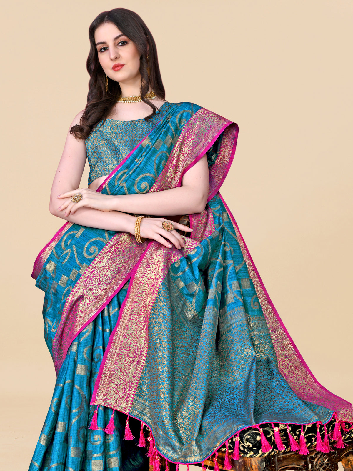 Blue Soft Cotton kanjivarm Silk Saree