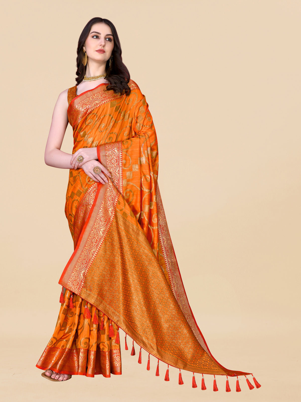 Orange Soft Cotton kanjivarm Silk Saree