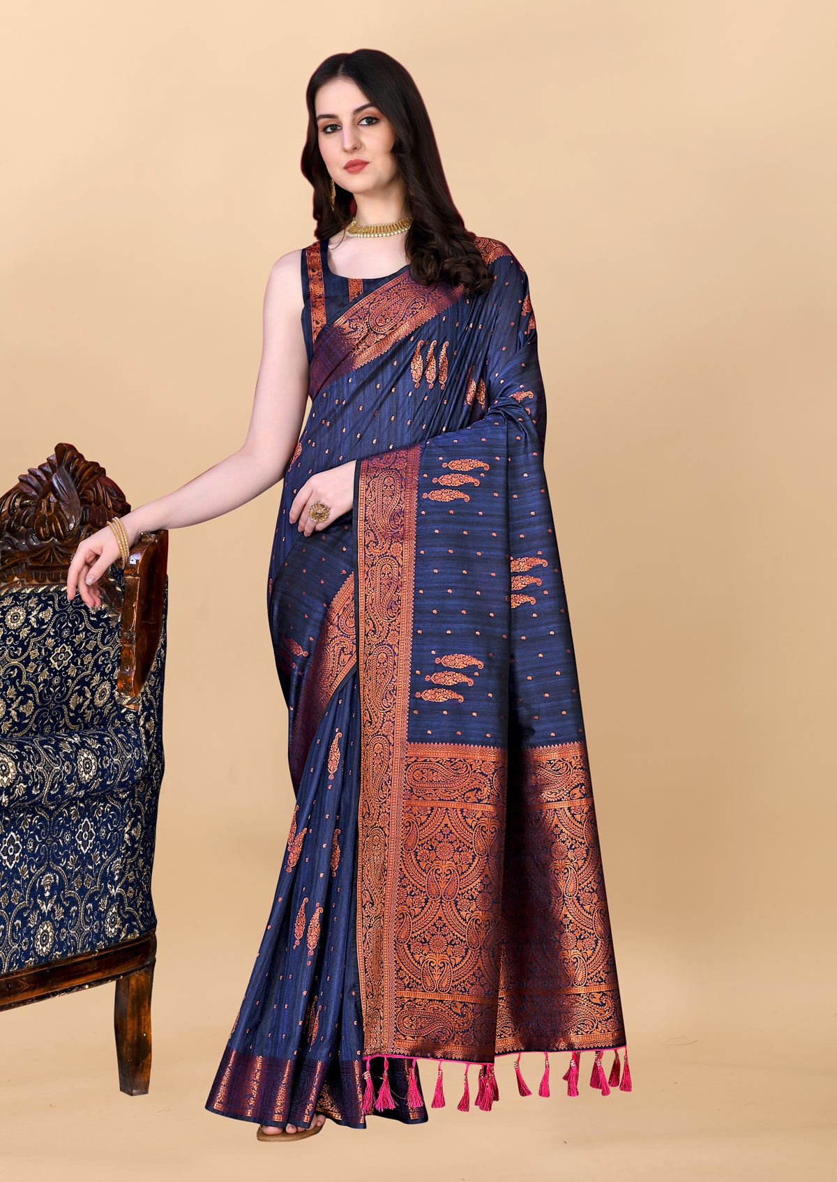 Navy Blue Soft Cotton Silk Banarasi Saree