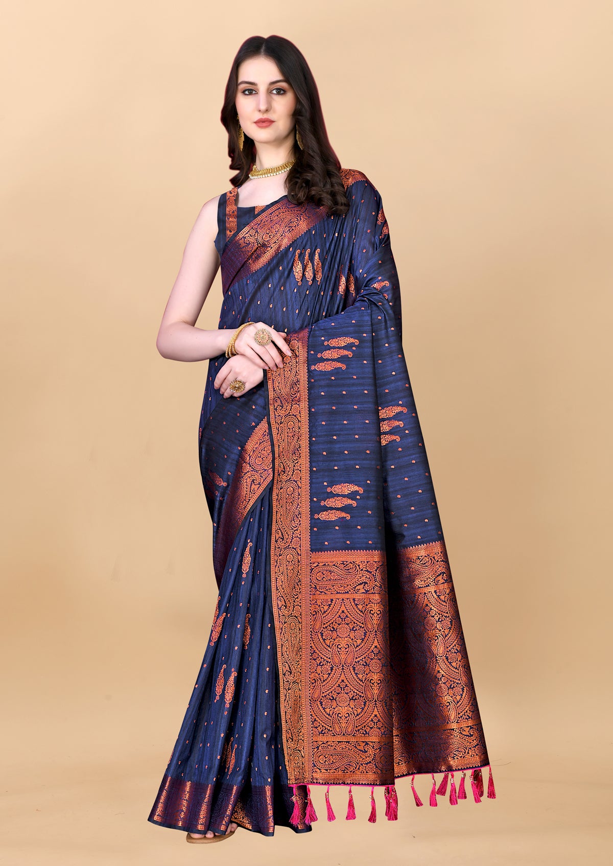 Navy Blue Soft Cotton Silk Banarasi Saree