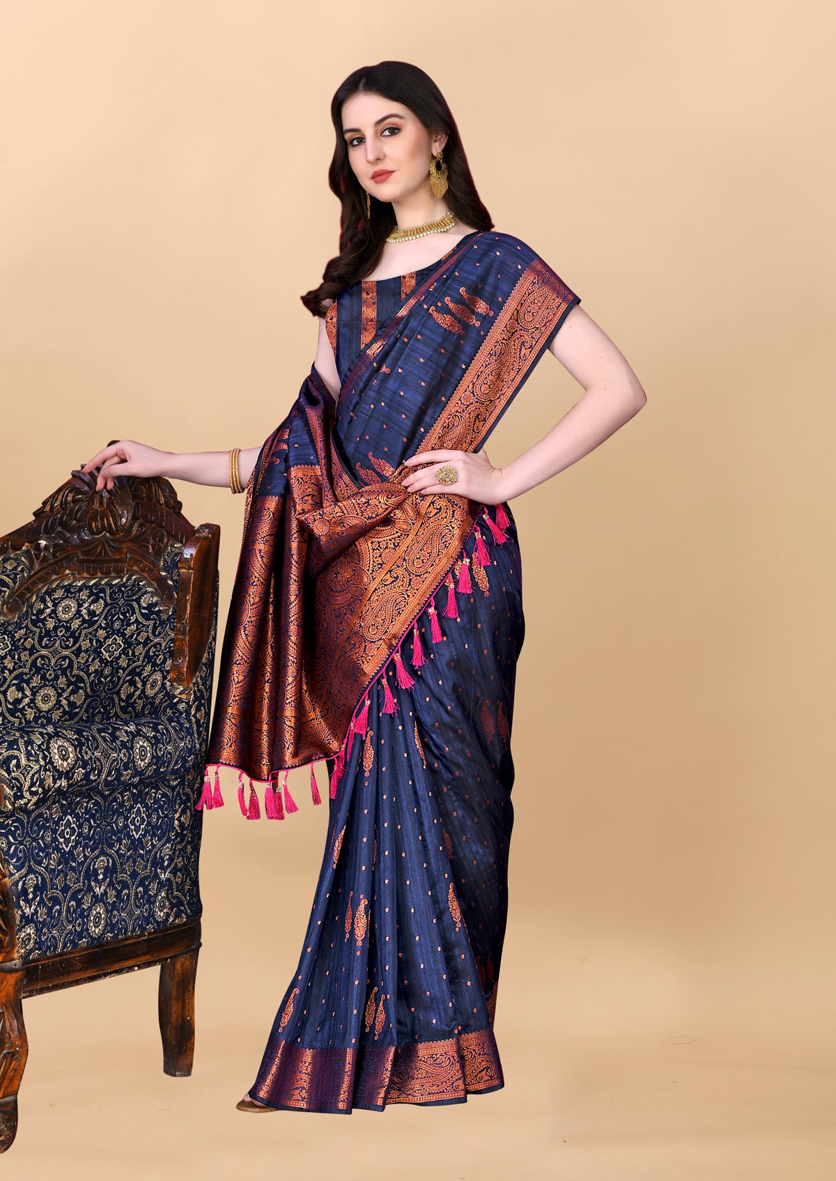 Navy Blue Soft Cotton Silk Banarasi Saree