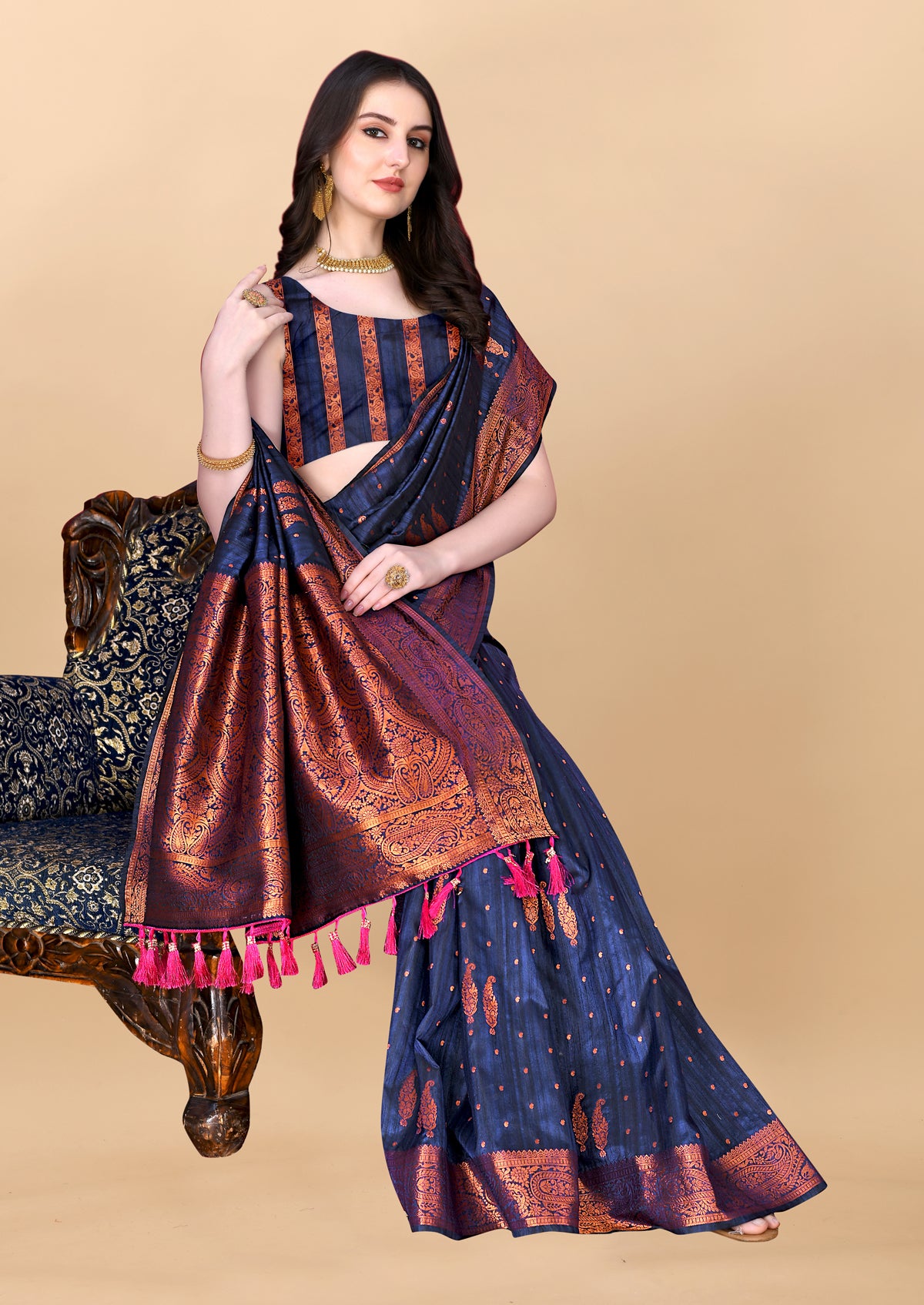 Navy Blue Soft Cotton Silk Banarasi Saree