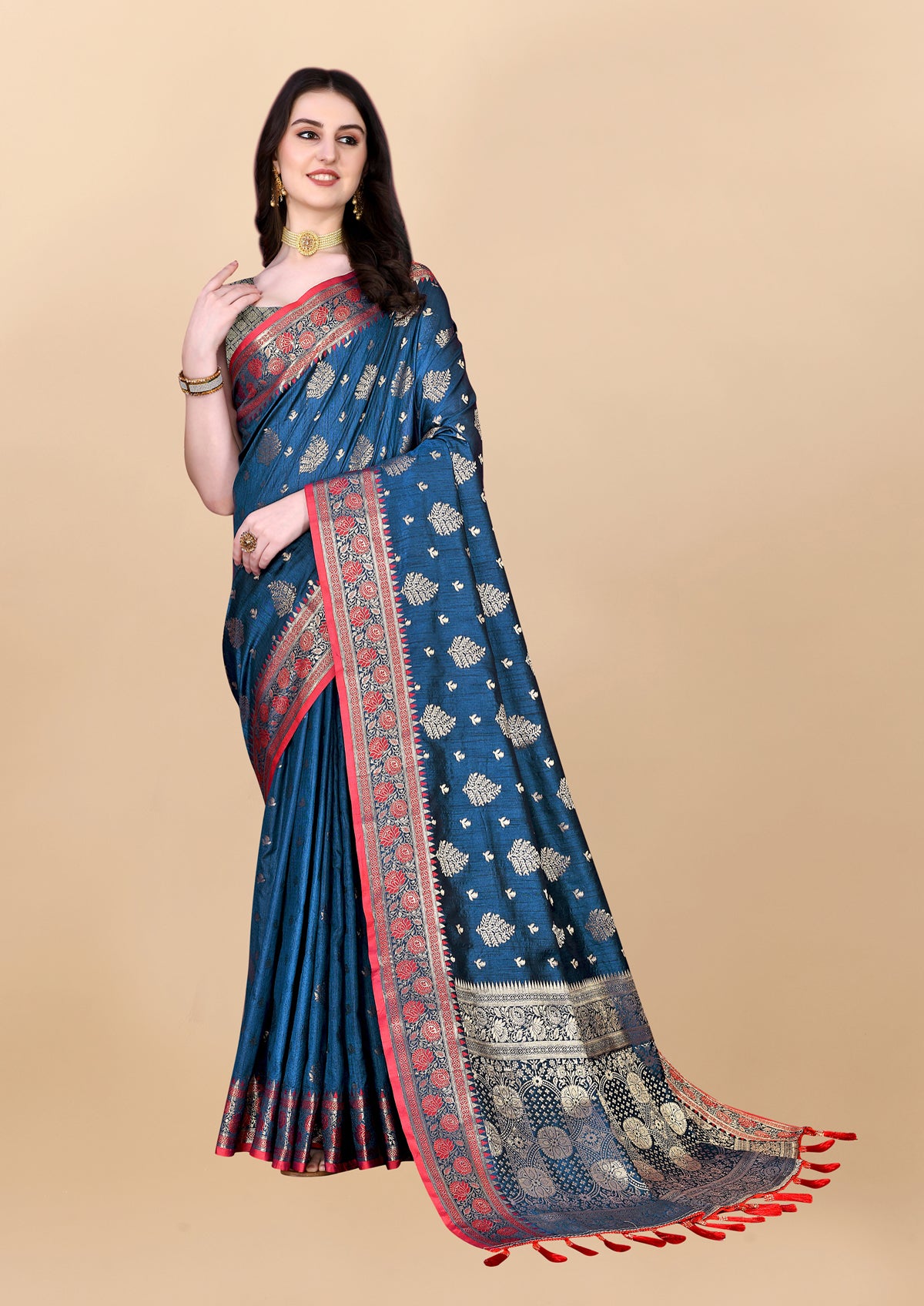 Blue Green Soft Cotton Silk Banarasi Saree