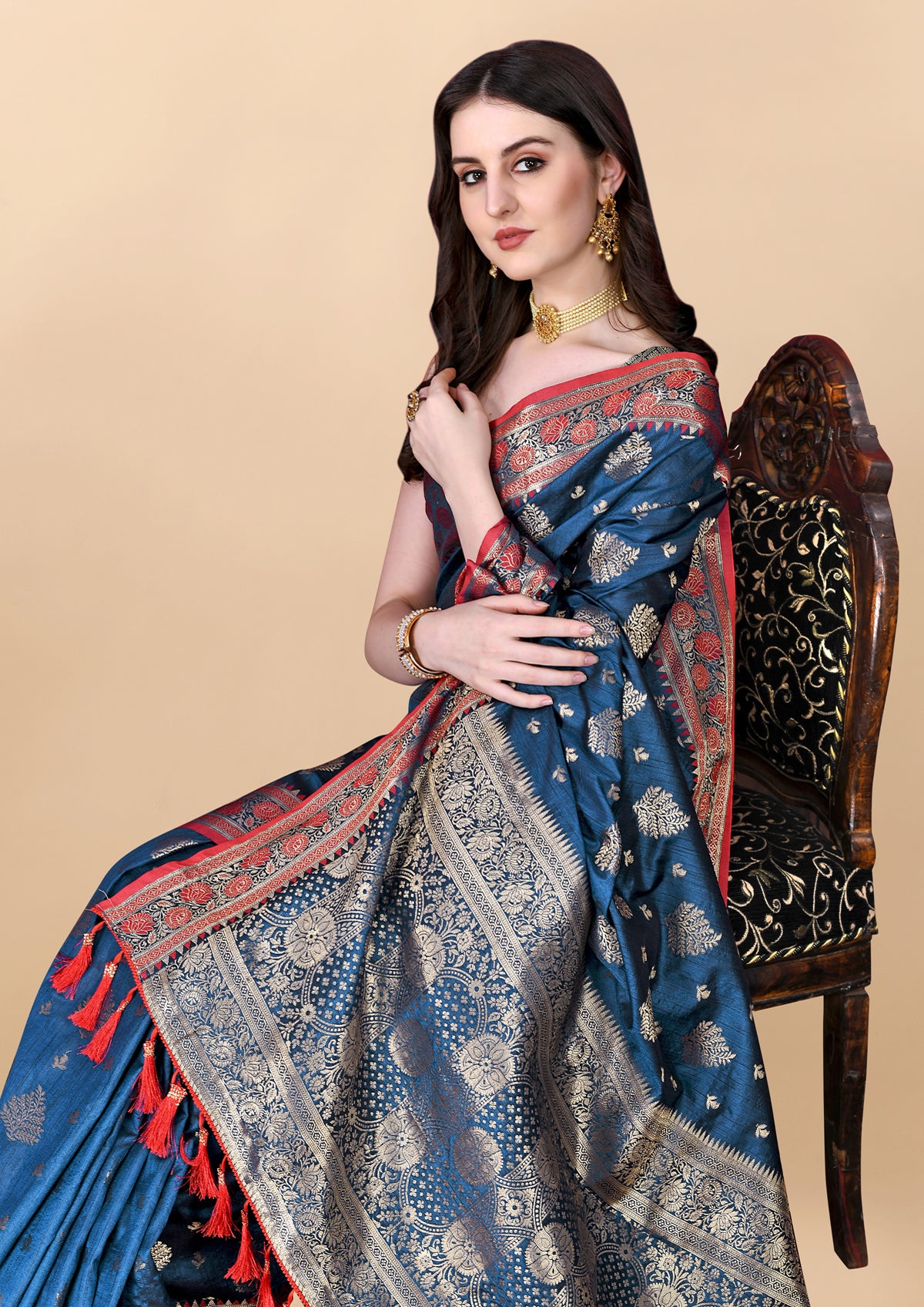 Blue Green Soft Cotton Silk Banarasi Saree