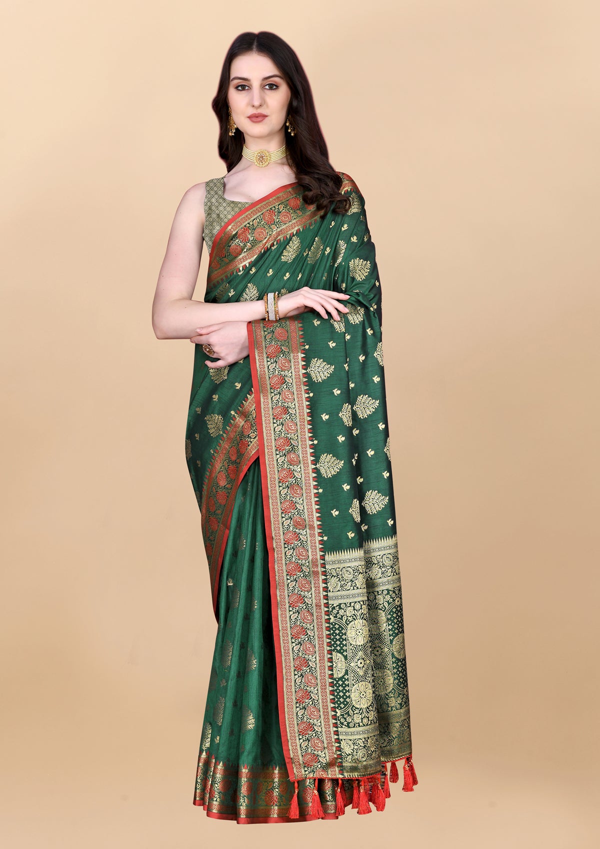 Dark Green Soft Cotton Silk Banarasi Saree