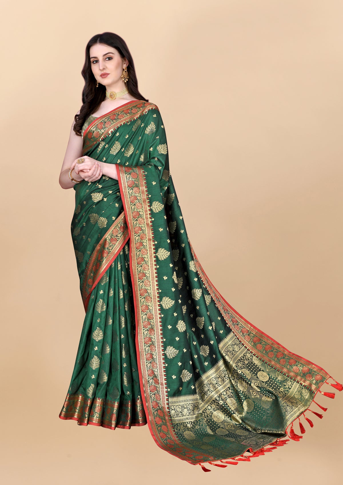 Dark Green Soft Cotton Silk Banarasi Saree