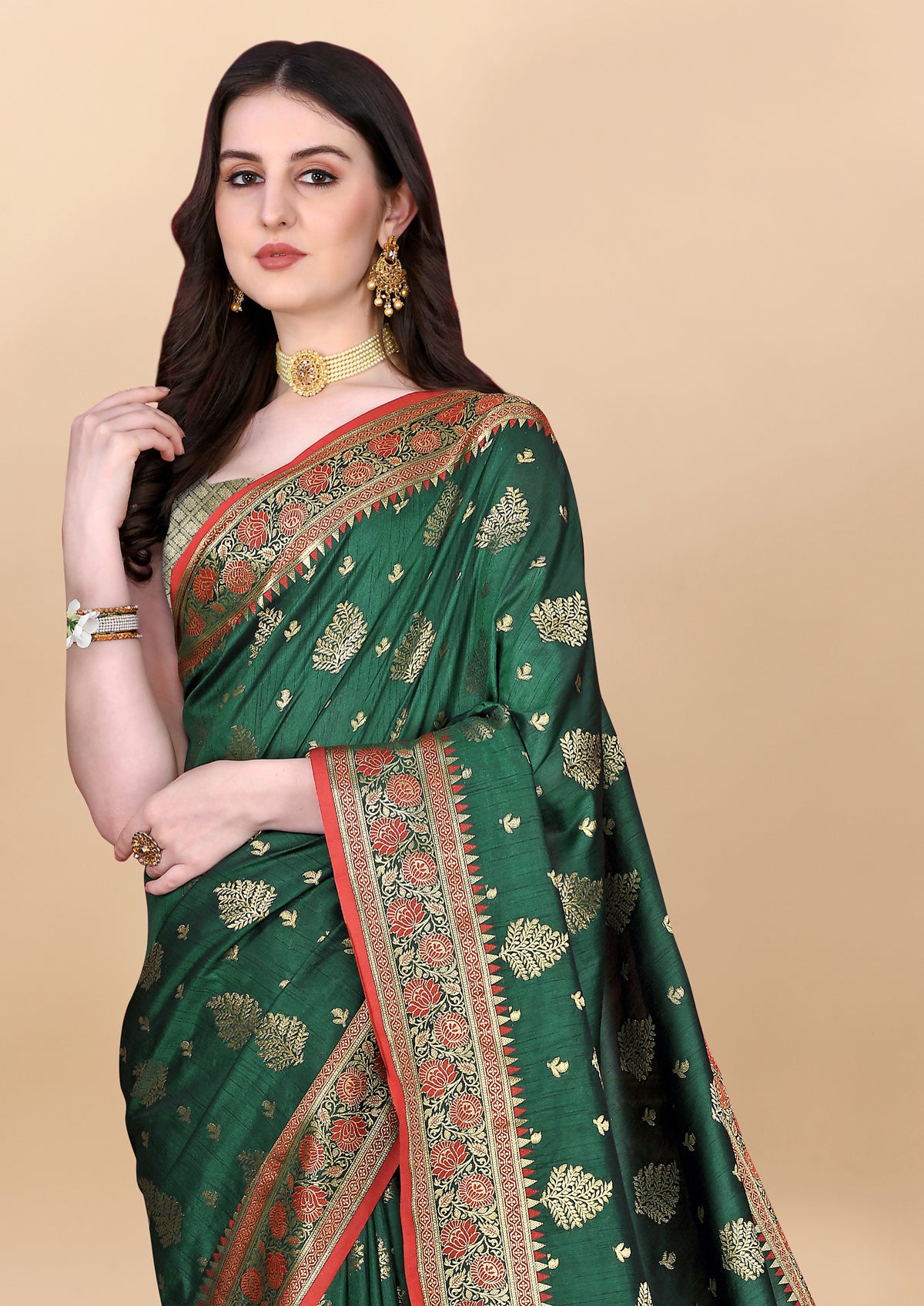 Dark Green Soft Cotton Silk Banarasi Saree