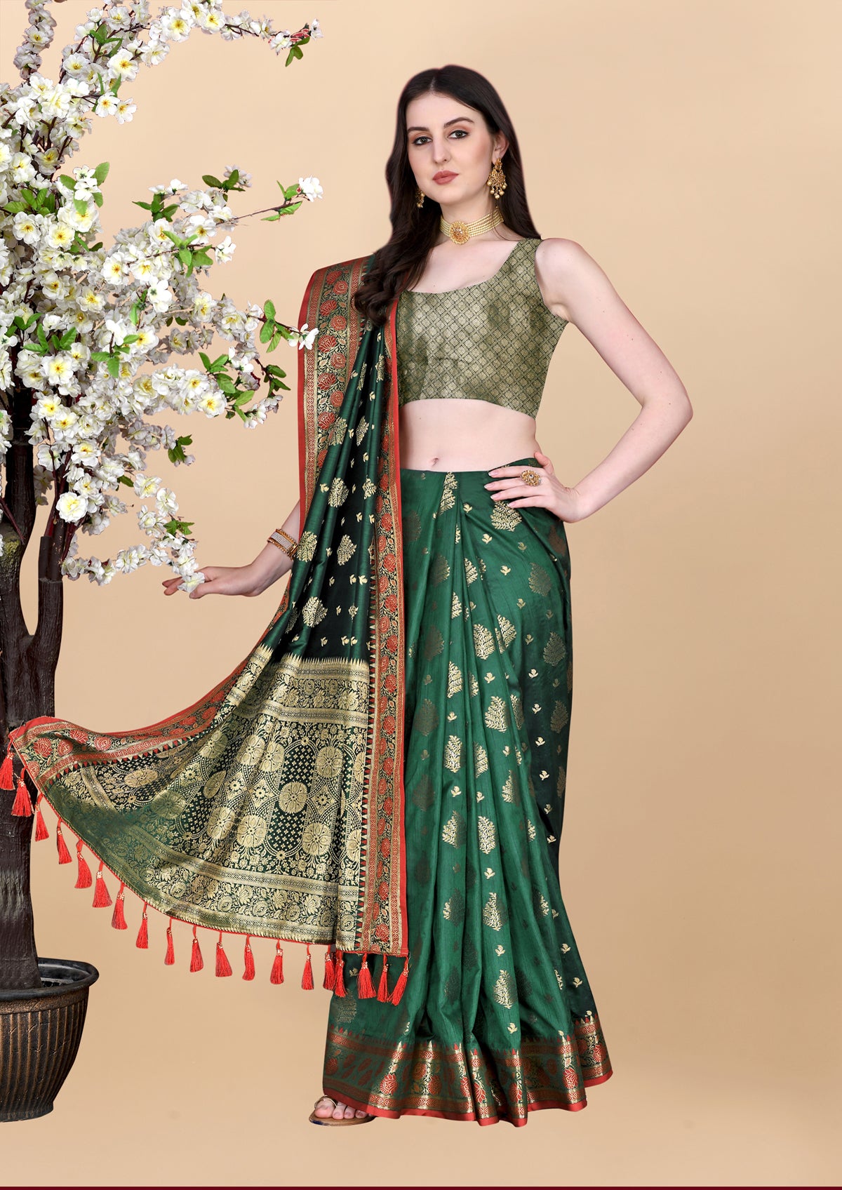 Dark Green Soft Cotton Silk Banarasi Saree