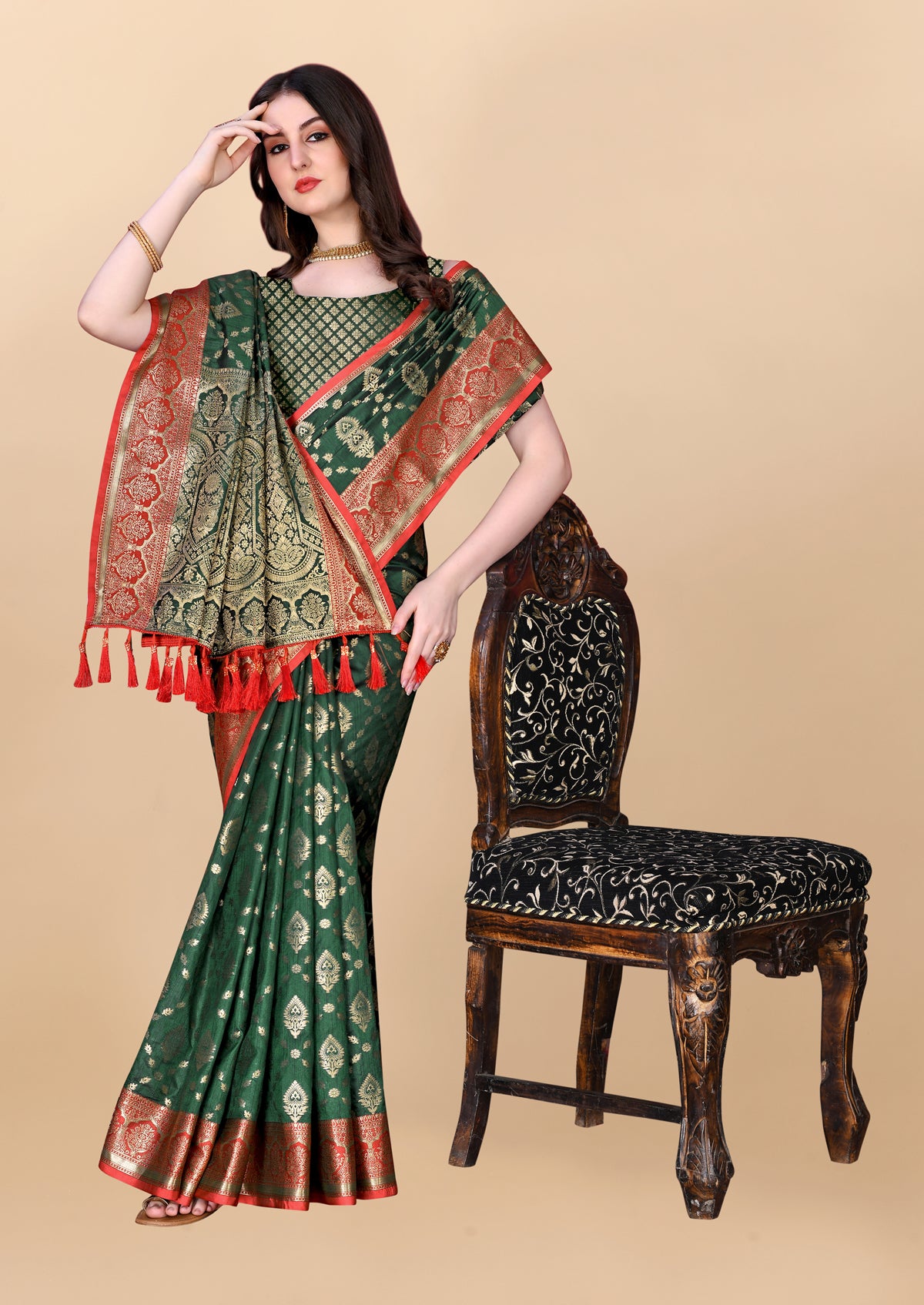 Drak Green Soft Cotton Silk Banarasi Saree