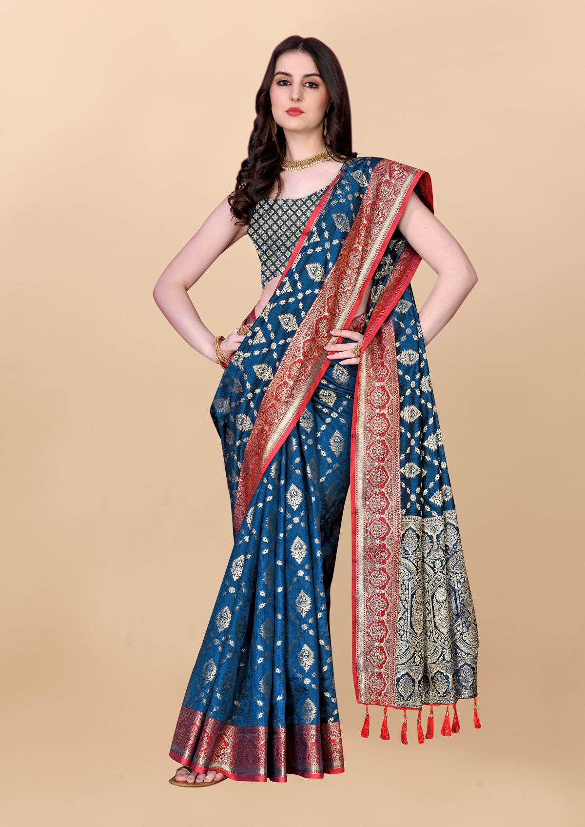 Navy Blue Soft Cotton Silk Banarasi Saree