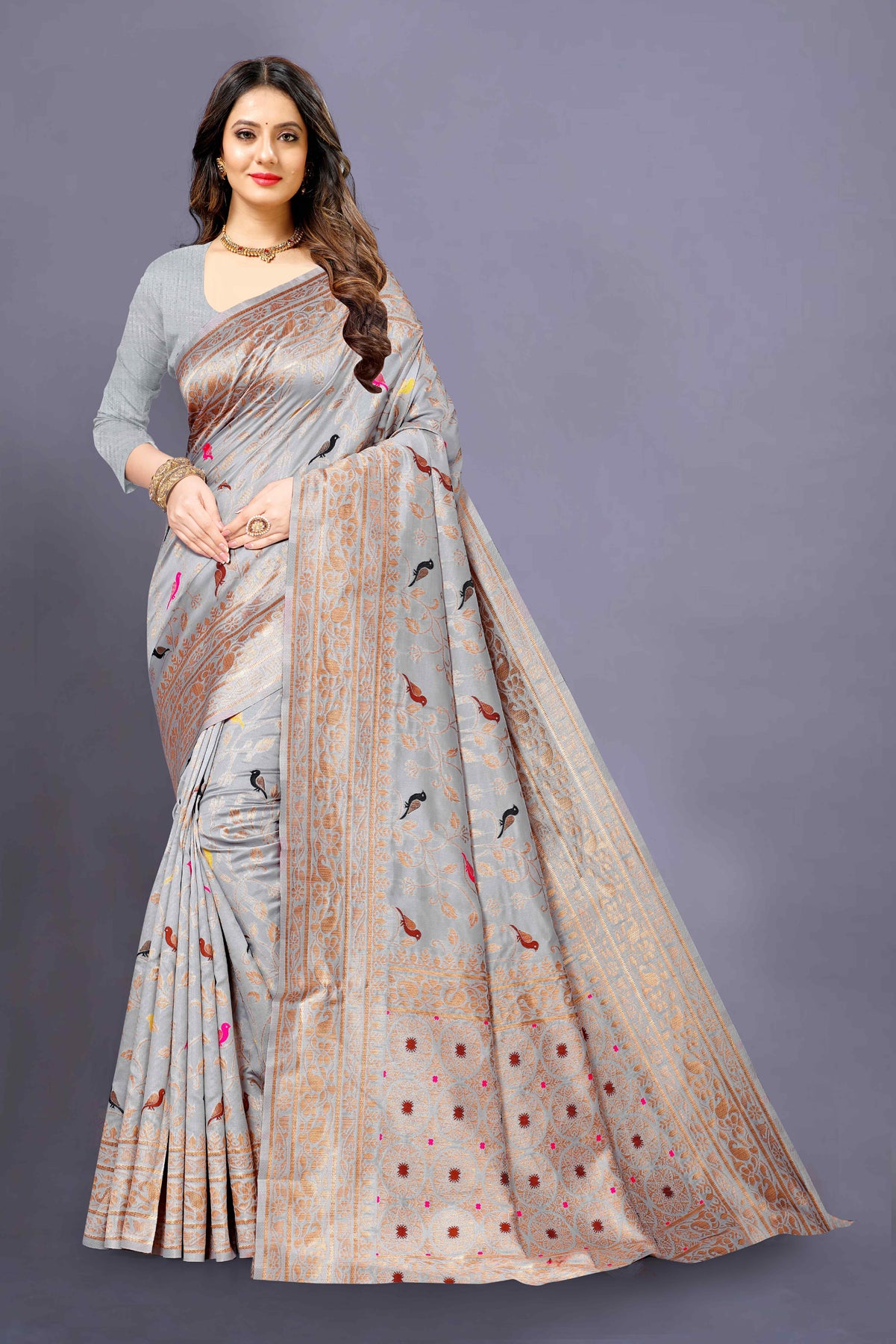 Grey Soft Lichi Paithani Silk Saree