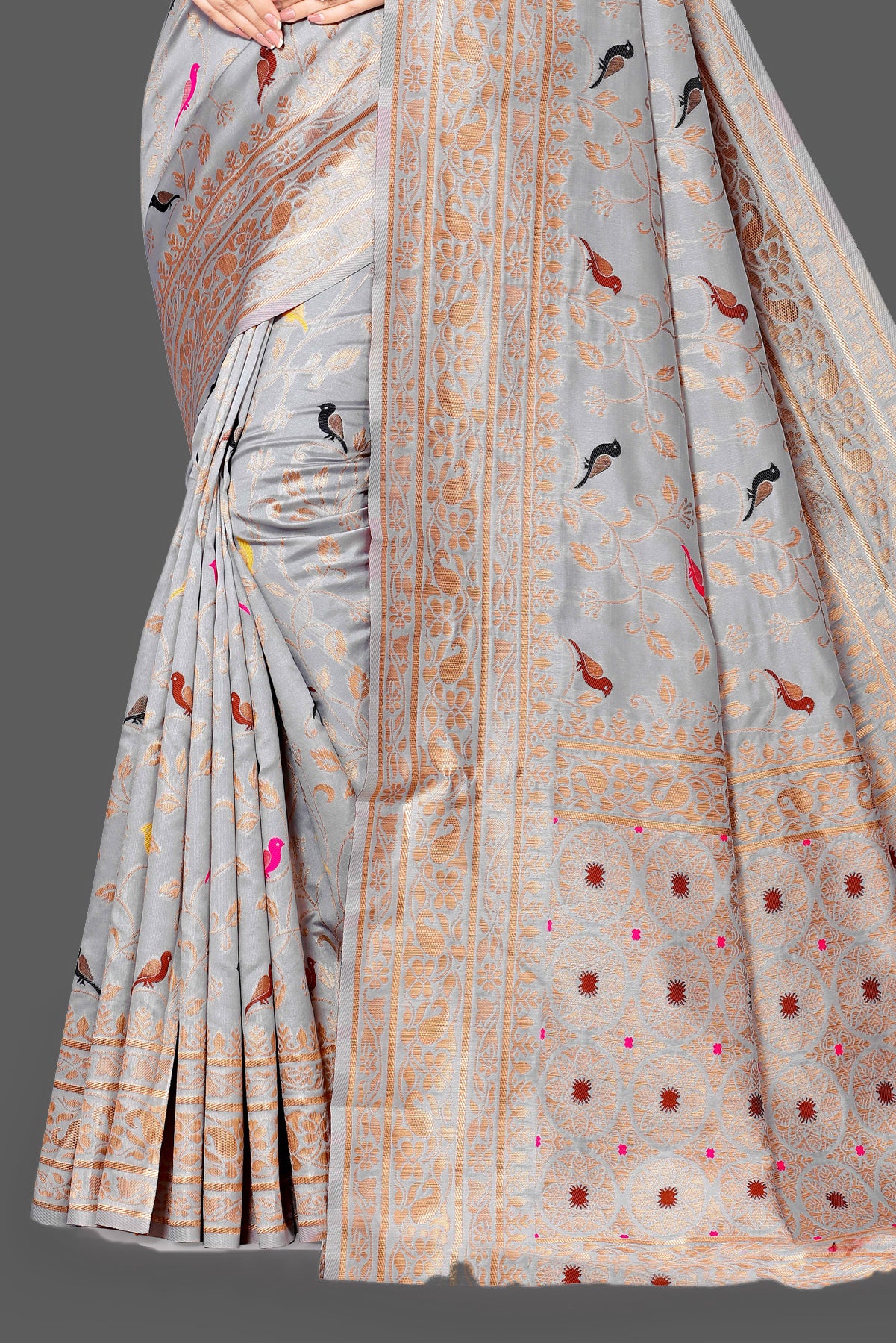 Grey Soft Lichi Paithani Silk Saree