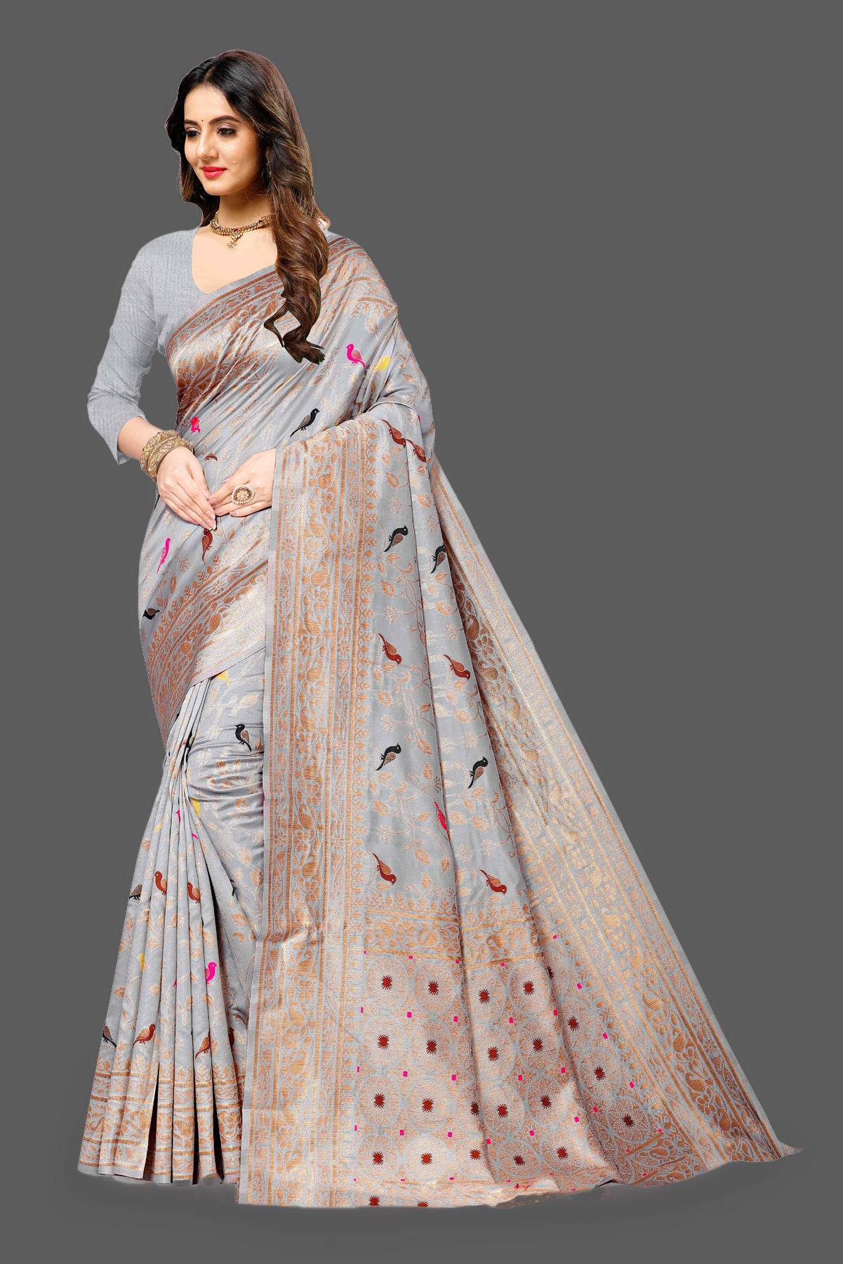 Grey Soft Lichi Paithani Silk Saree