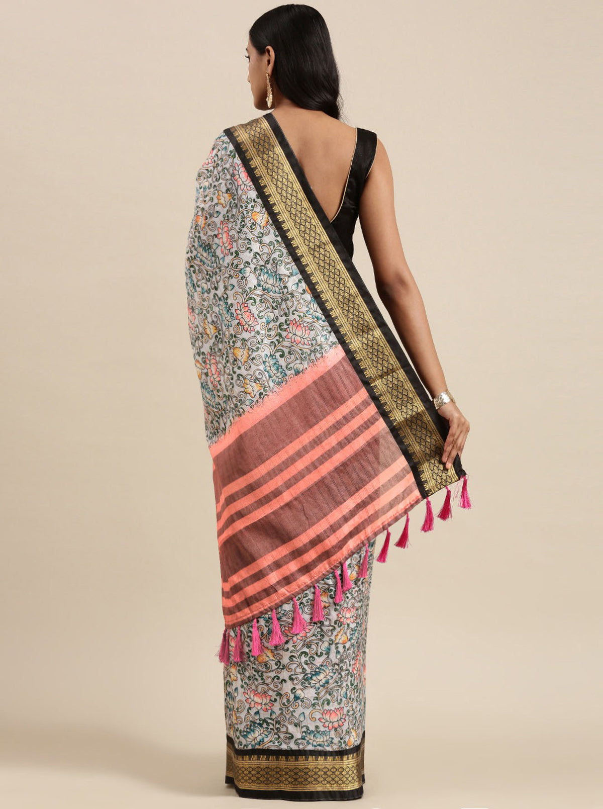 Black Soft Cotton Silk Blend Kalamkari Print weaving Saree
